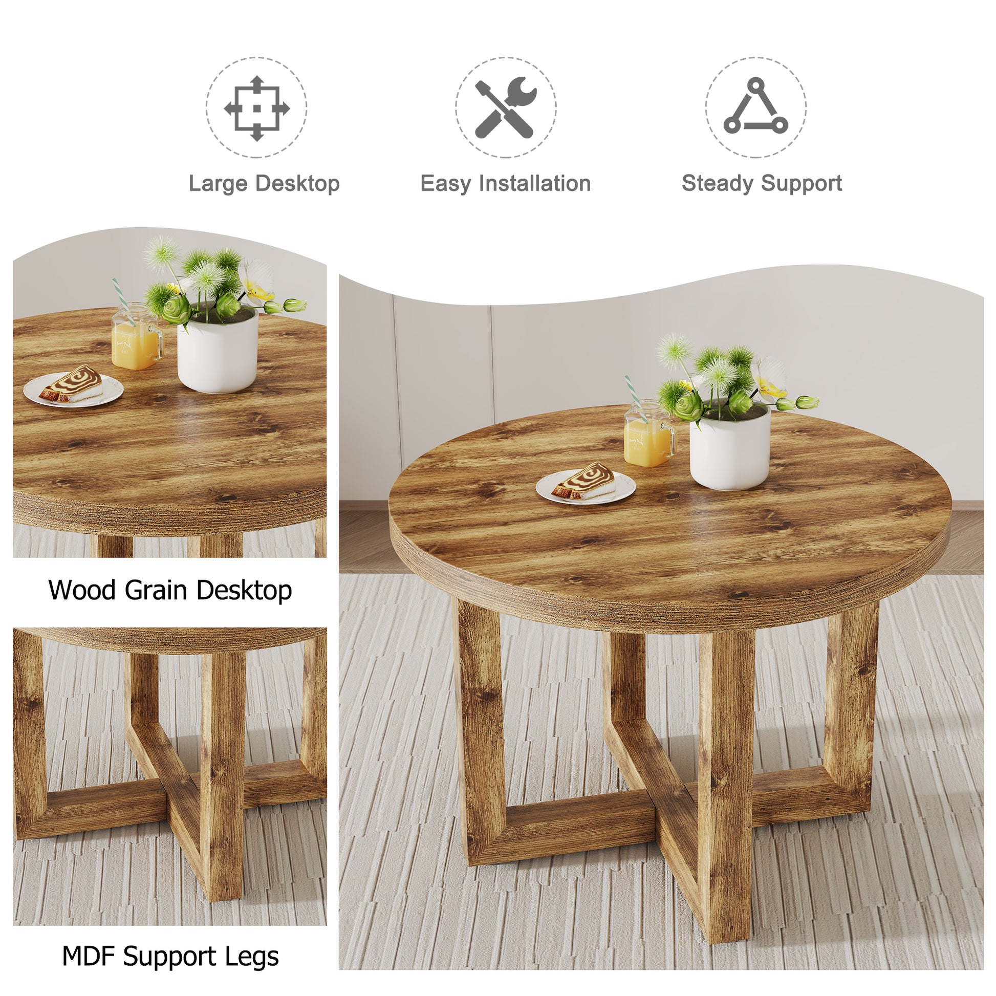 A Modern And Practical Circular Dining Table. Made Of Mdf Tabletop And Wooden Mdf Table Legs. 4 Piece Technology Cloth High Backrest Cushion Side Chair, C Shaped Tube Black Metal Legs. Ct 403C 1162 Natural Wood Mdf