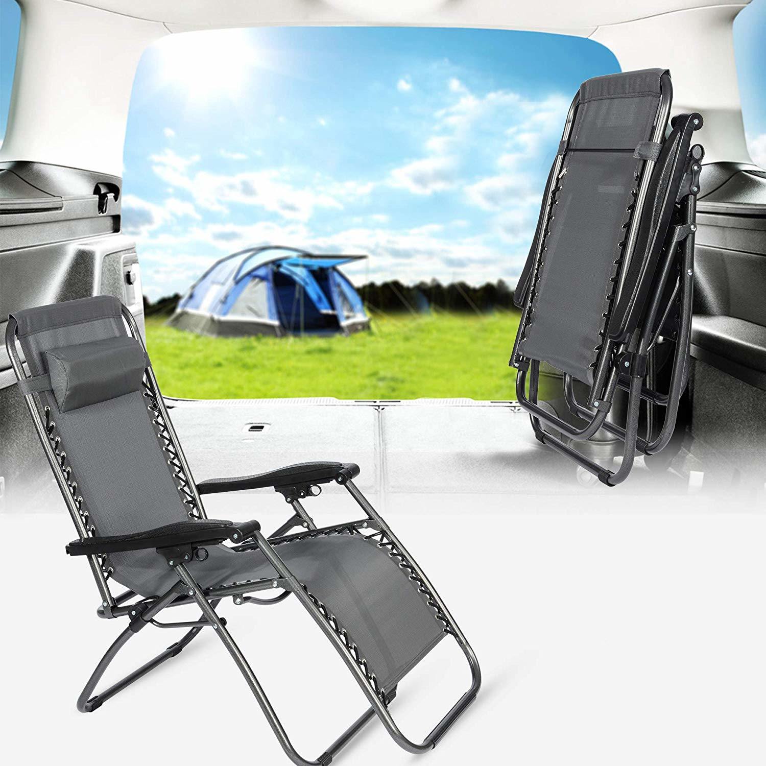 Zero Gravity Patio Adjustable Folding Reclining Chair With Pillow, 2Pc Grey Grey Metal