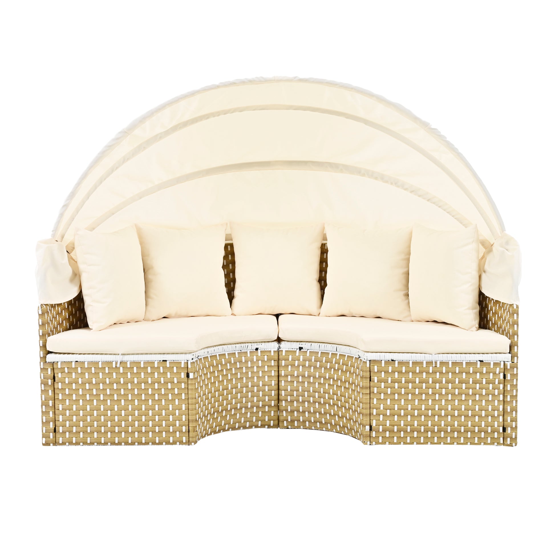 Patio Furniture Round Outdoor Sectional Sofa Set Rattan Daybed Two Tone Weave Sunbed With Retractable Canopy, Separate Seating And Removable Cushion, Beige Yes Sectional Beige Weather Resistant Frame Water Resistant Cushion Garden & Outdoor Luxury