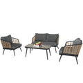 4 Pieces Patio Furniture Set, Pe Rattan Wicker 4 Pcs Outdoor Sofa Set W Washable Cushion And Tempered Glass Tabletop, Conversation Furniture For Garden Poolside Balcony Black Natural Steel