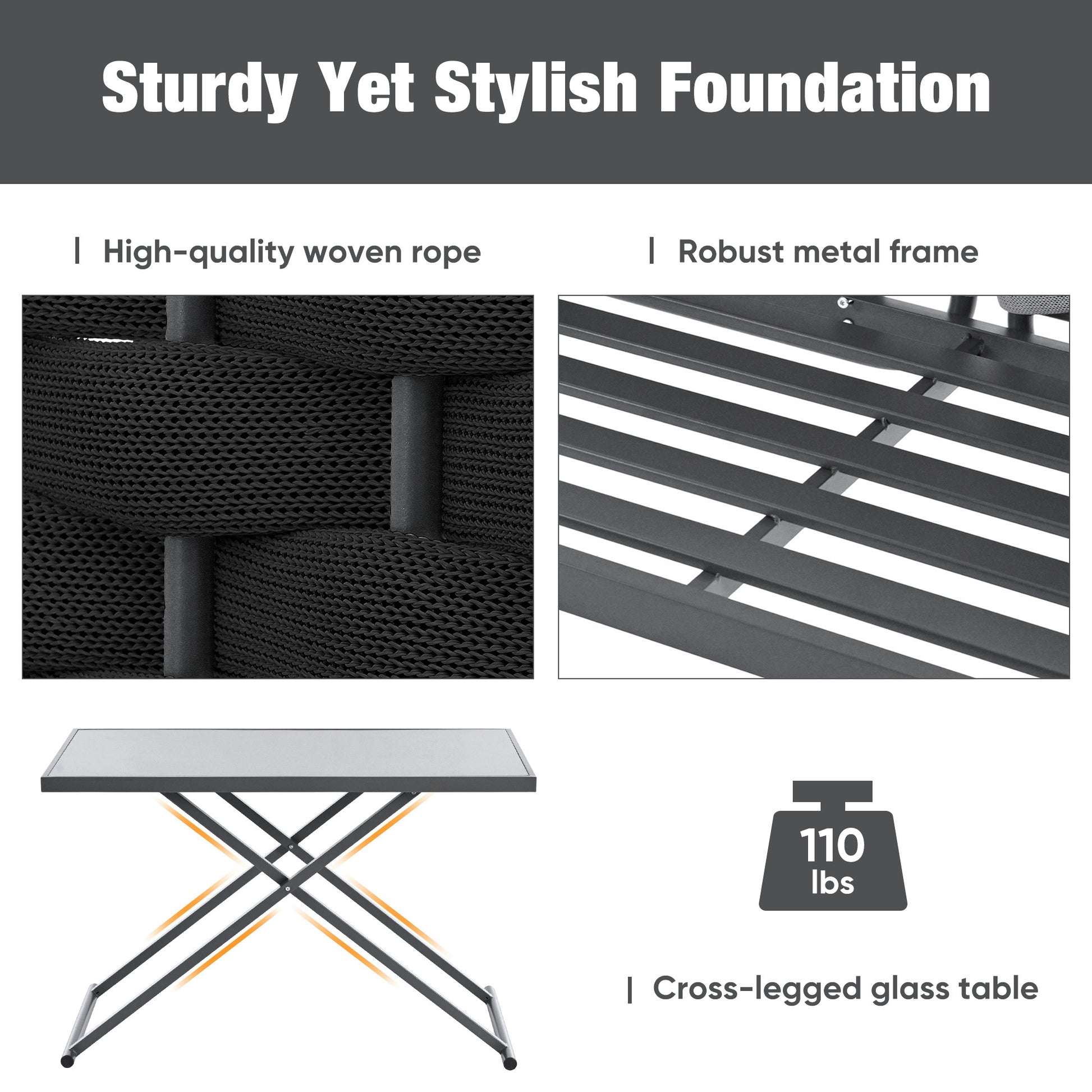 5 Piece Modern Patio Sectional Sofa Set Outdoor Woven Rope Furniture Set With Glass Table And Cushions, Black Gray Yes Sectional Grey Black Weather Resistant Frame Water Resistant Cushion Garden & Outdoor Modern Sectional Seating Groups Foam Woven Rope