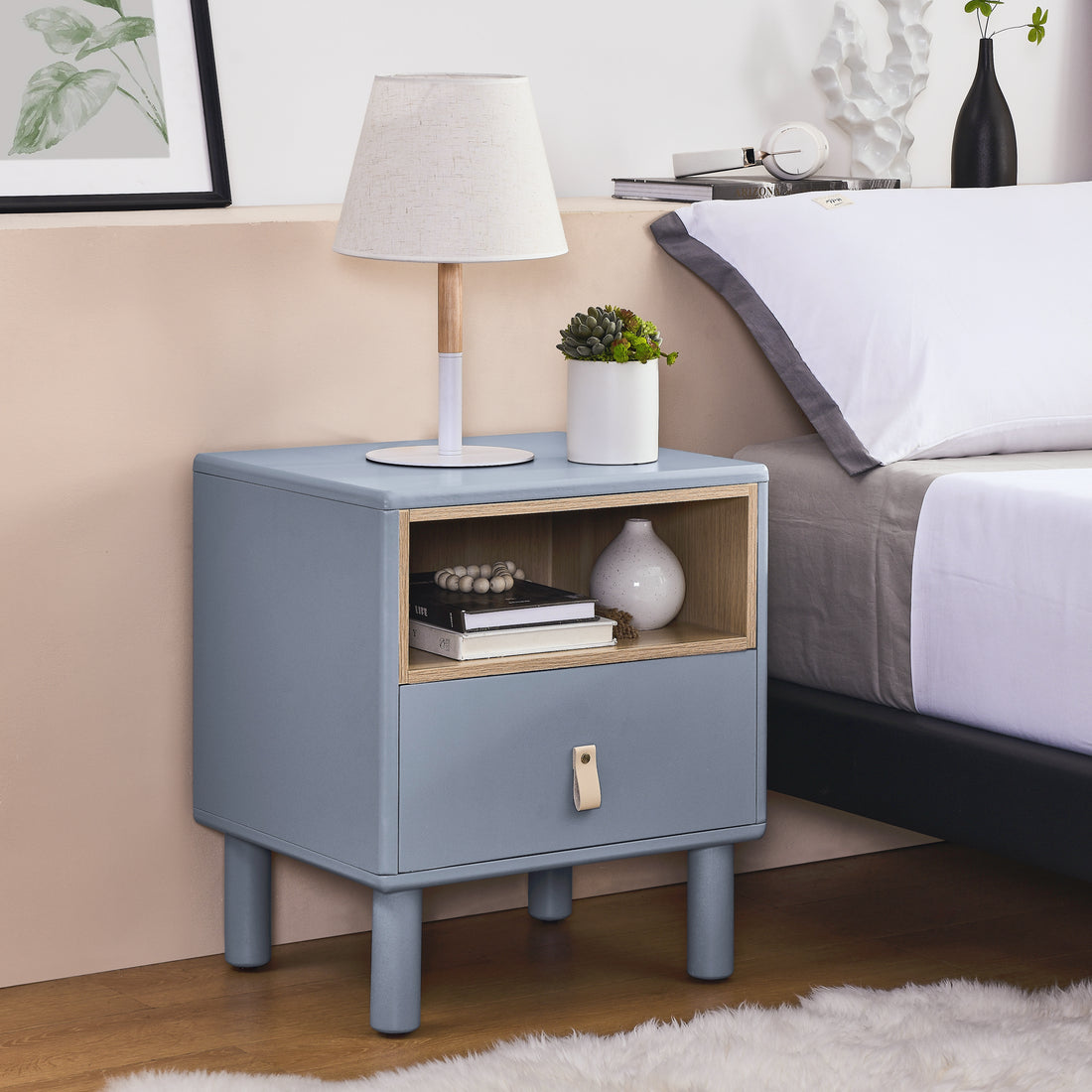 Single Drawer Bedside Table, Modern Style Bedside Table, Wooden Bedside Table, Bedside Table With Drawer, Side Table With Drawer, Compact Bedside Table, Nordic Style Bedside Table Blue Solid Wood