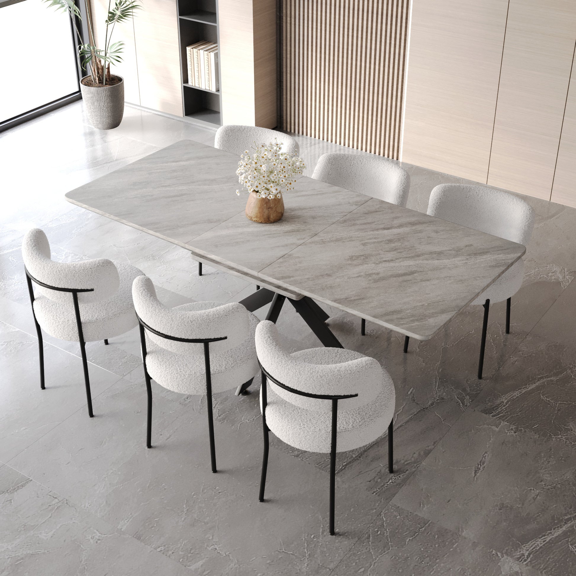 Extendable Dining Table Table Set For 6 8 Person For Dining Room,Curved Backrest Round Upholstered Soft Padded Armless Dining Chairs And Very Large Dining Room Table Kitchen Table Chair Set Grey White Mdf Metal