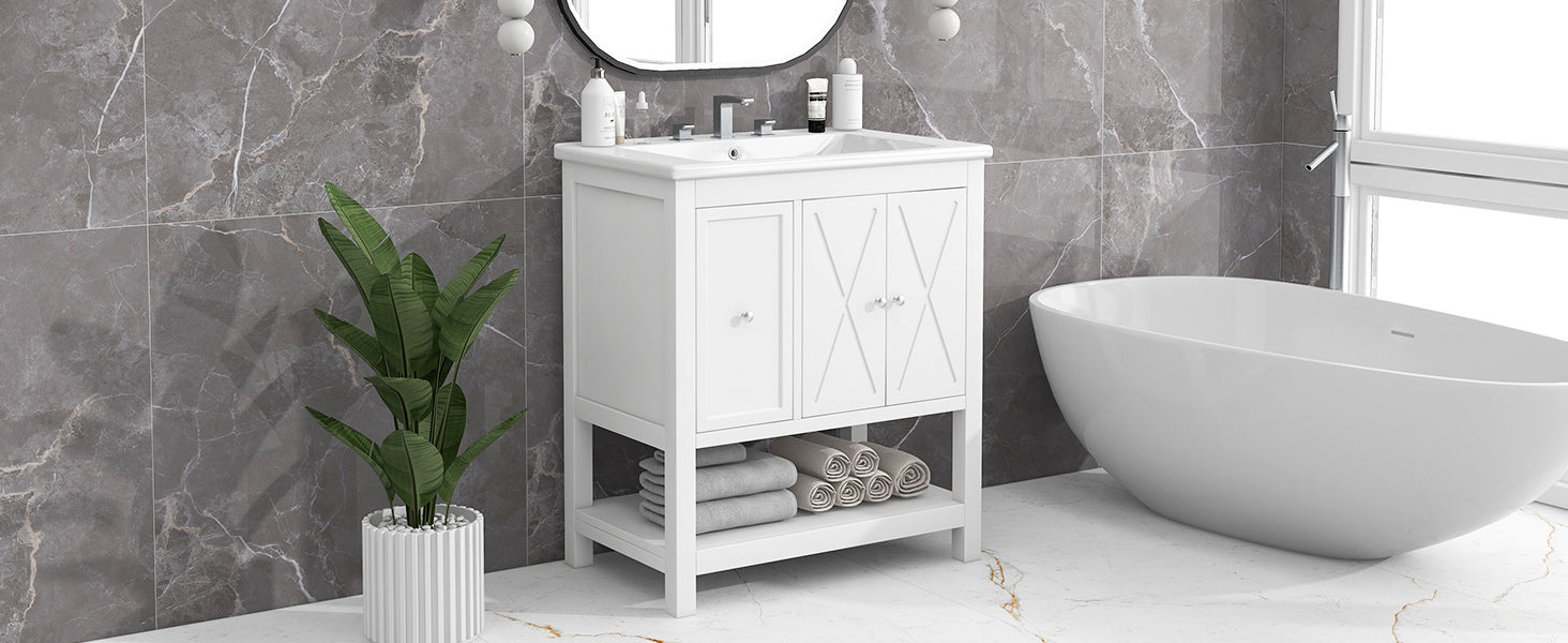 30" Bathroom Vanity With Sink Top, Bathroom Vanity Cabinet With Two Doors And One Drawer, Mdf Boards, Solid Wood, One Package, White White Solid Wood Mdf