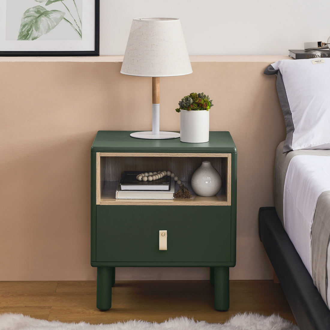 Single Drawer Bedside Table, Modern Style Bedside Table, Wooden Bedside Table, Bedside Table With Drawer, Side Table With Drawer, Compact Bedside Table, Nordic Style Bedside Table Green Solid Wood