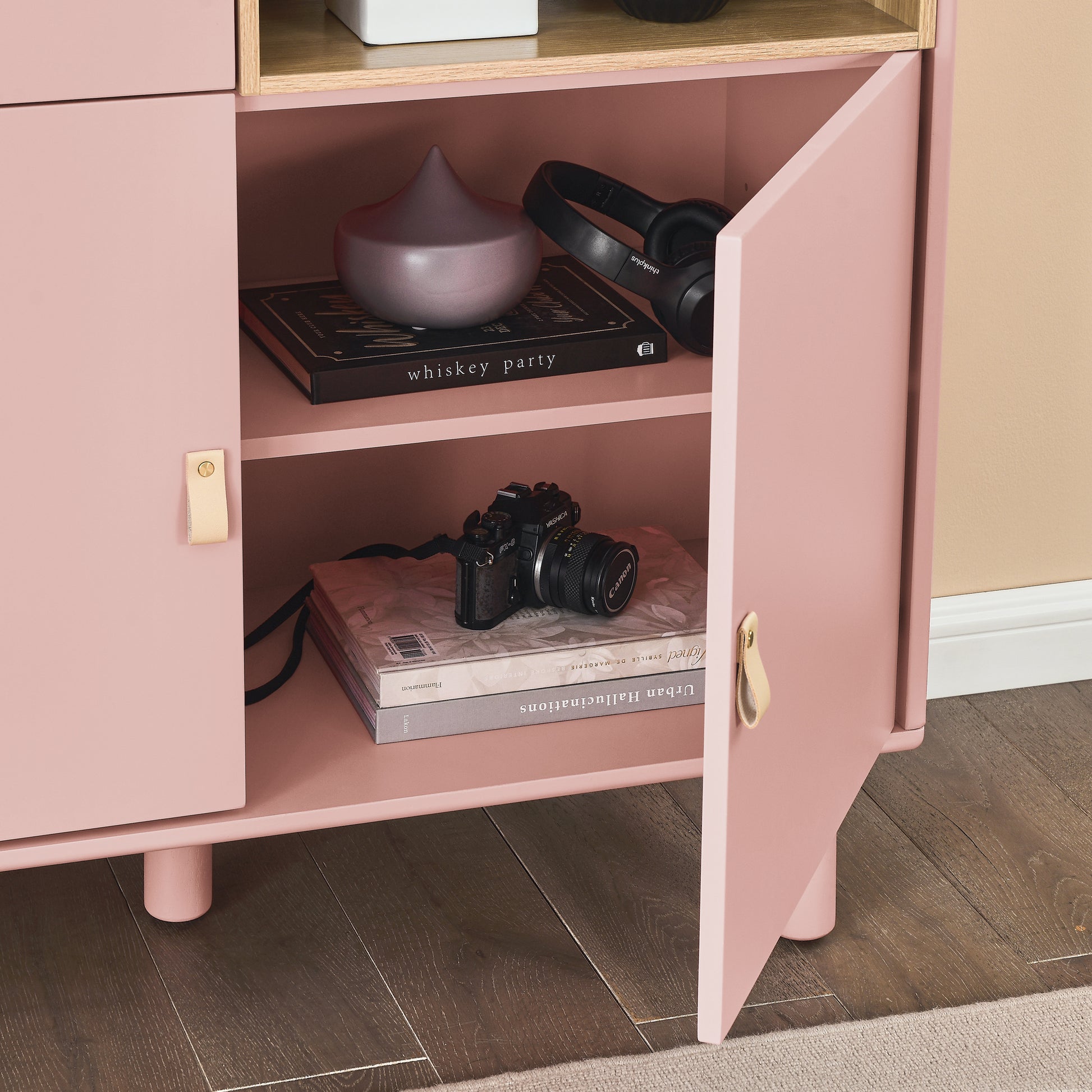 Storage Cabinet With Door, Multifunctional Storage Cabinet, Modern Sideboard Cabinet, Wooden Storage Cabinet, Leather Handle Drawer Cabinet, Home Storage Cabinet, Office Cabinet Pink Solid Wood Mdf