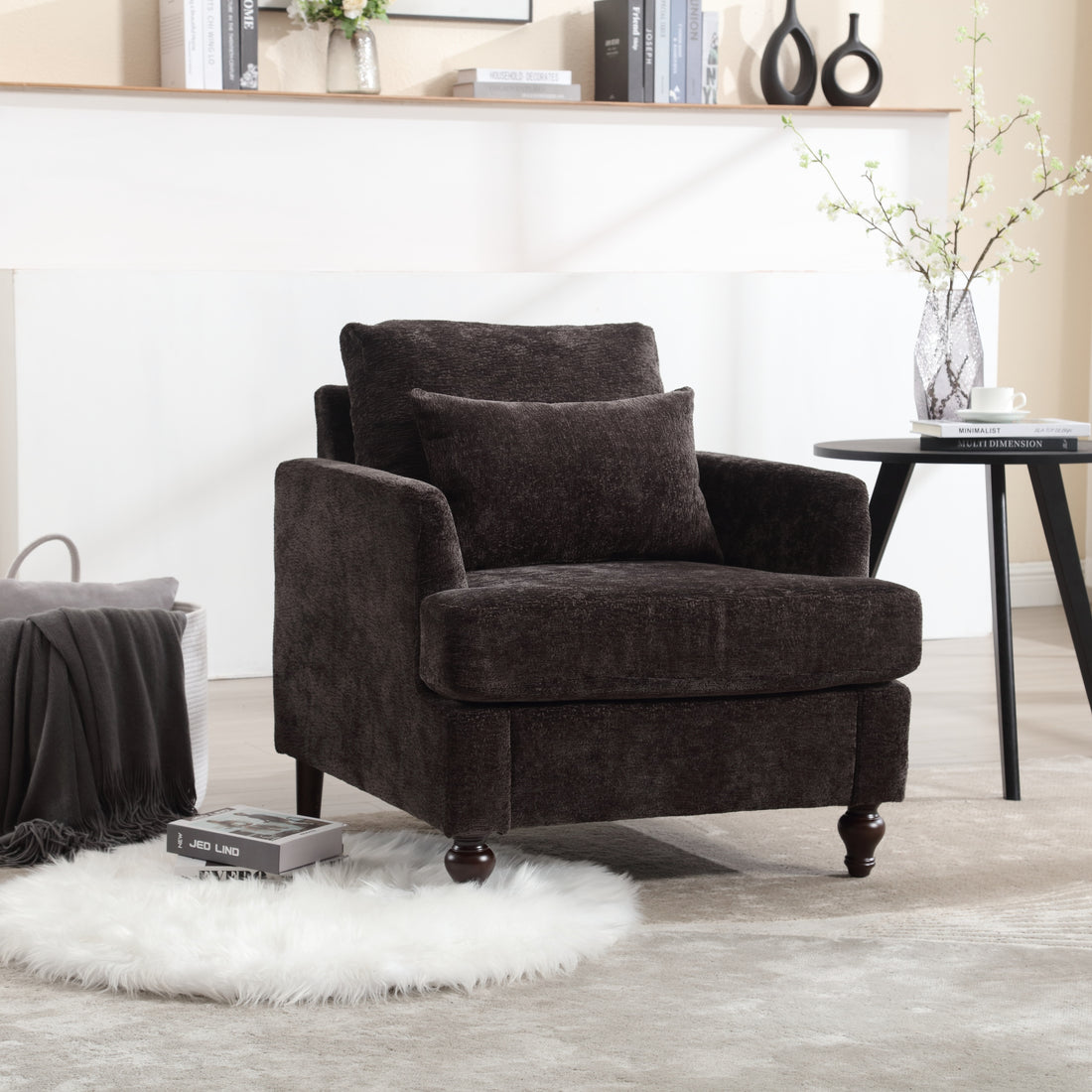 Coolmore Wood Frame Armchair, Modern Accent Chair Lounge Chair For Living Room,Tufted Club Chair, Mid Century Modern Arm Chairs With Studded, Solid Wood Frame, For Bedroom, Reading Black Chenille Black Chenille