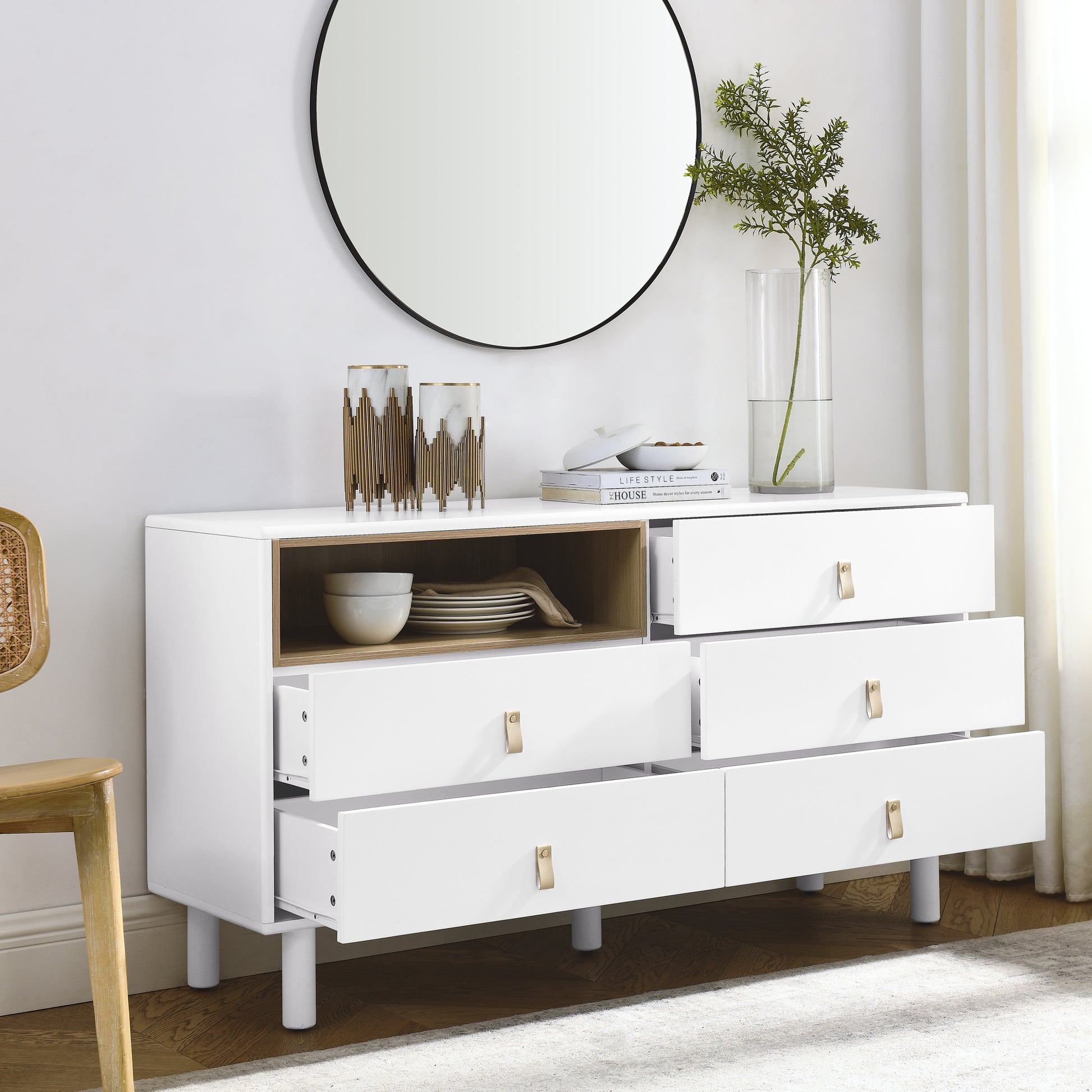 With 5 Drawers Storage Cabinet Drawer Cabinet Multifunctional Storage Cabinet Modern Drawer Cabinet Wooden Storage Cabinet Leather Handle Drawer Cabinet Home Storage Cabinet Office Cabinet White Solid Wood Mdf