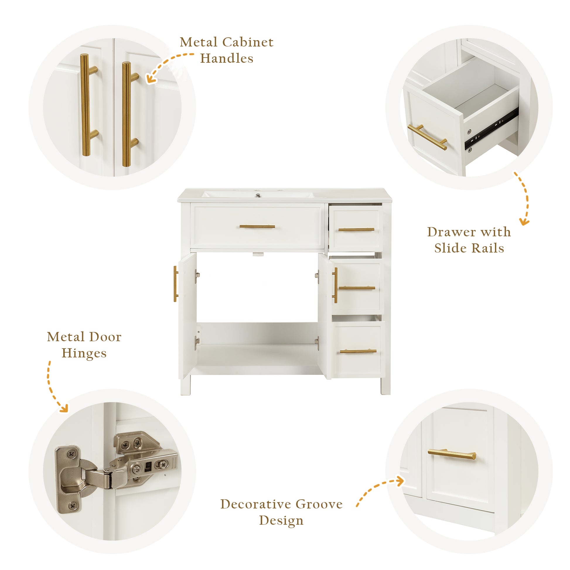 36" Bathroom Vanity With Sink Top, Bathroom Vanity Cabinet With Two Doors And Three Drawers, Solid Woodmdf Boards ,One Package, White White Solid Wood Mdf