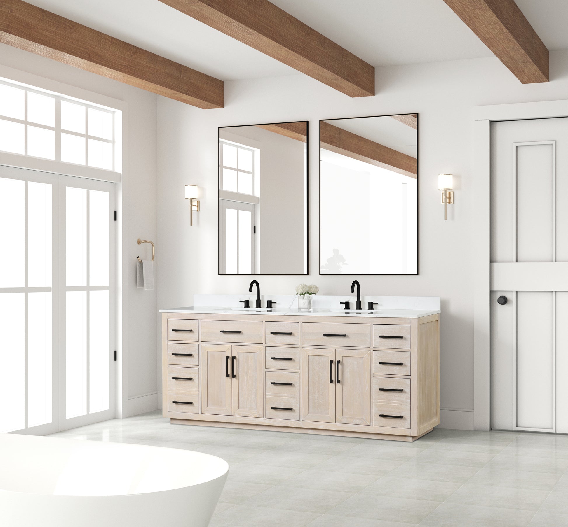 84" Bathroom Vanity With Double Sink, Modern Bathroom Vanity Set With Soft Close Cabinet And 9 Drawers, Solid Wood Bathroom Storage Cabinet With Countertop And Backsplash, Milk Oak Light Oak Bathroom Modern Solid Wood