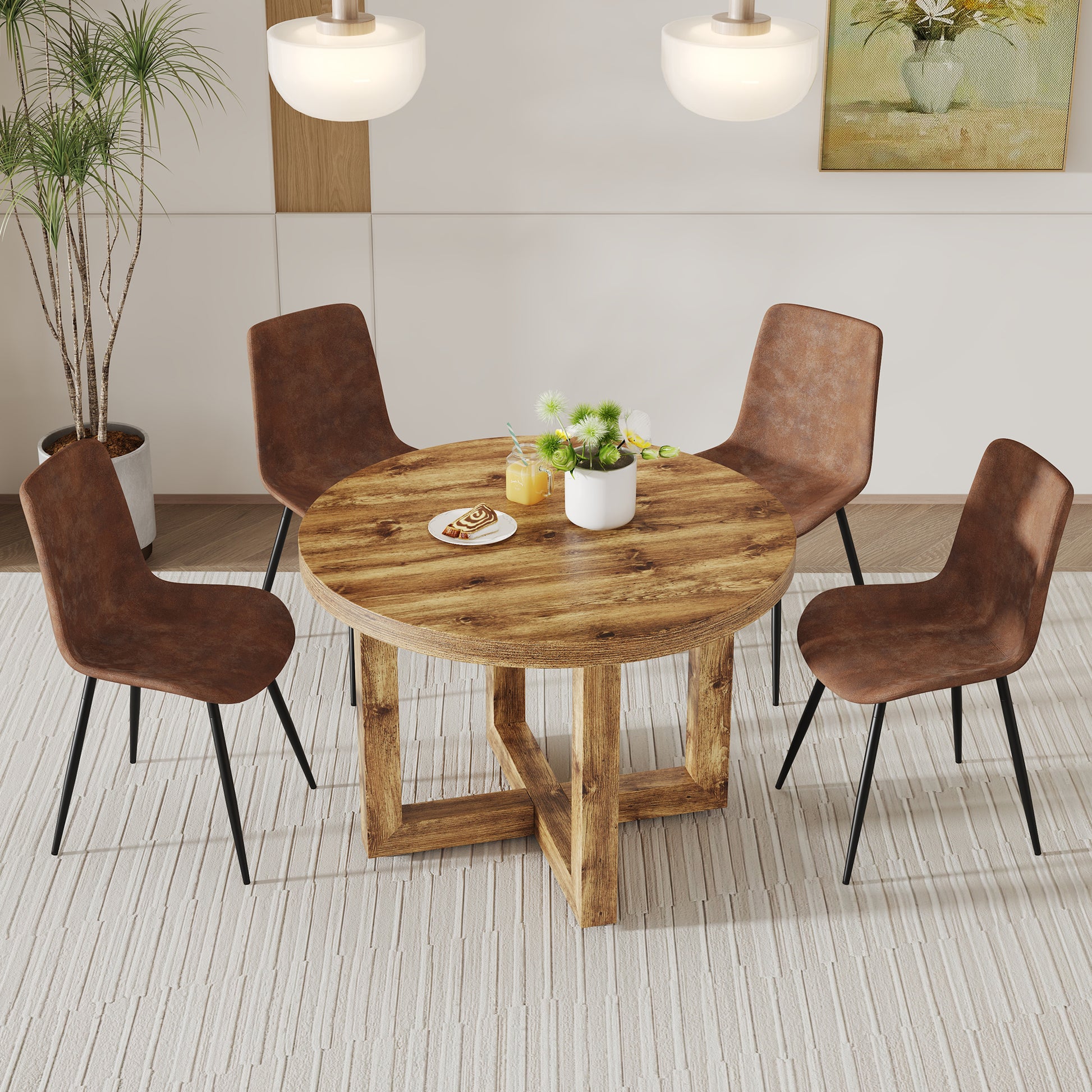 A Modern And Practical Circular Dining Table. Made Of Mdf Tabletop And Wooden Mdf Table Legs.A Set Of 4 Brown Cushioned Chairs In A Modern Medieval Style Restaurant. Ct 403B0502A Natural Wood Mdf
