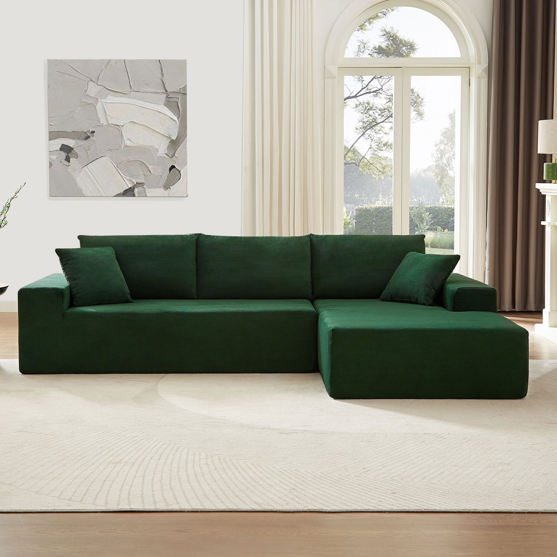 Sectional Sofa Set Separate L Shaped Corduroy Couch Cover For Both Left Right Couch Seat And Back: 1 Chaise 2 Sofa Seater ,Dark Green. Green Corduroy 3 Seat