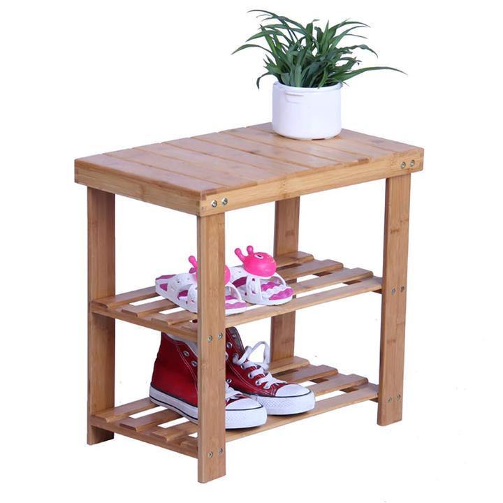 2 Tier Bamboo Shoe Bench Rack Shoe Storage Natural Bamboo