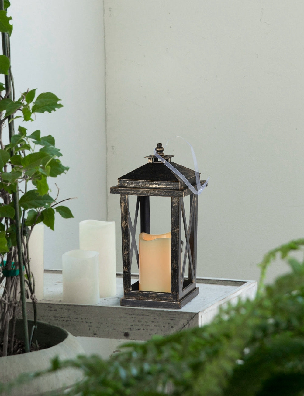 Set Of 2 Menifee Lantern With Led Candle, Tall 5X5X11" Antique Black Antique,Contemporary,Modern Plastic