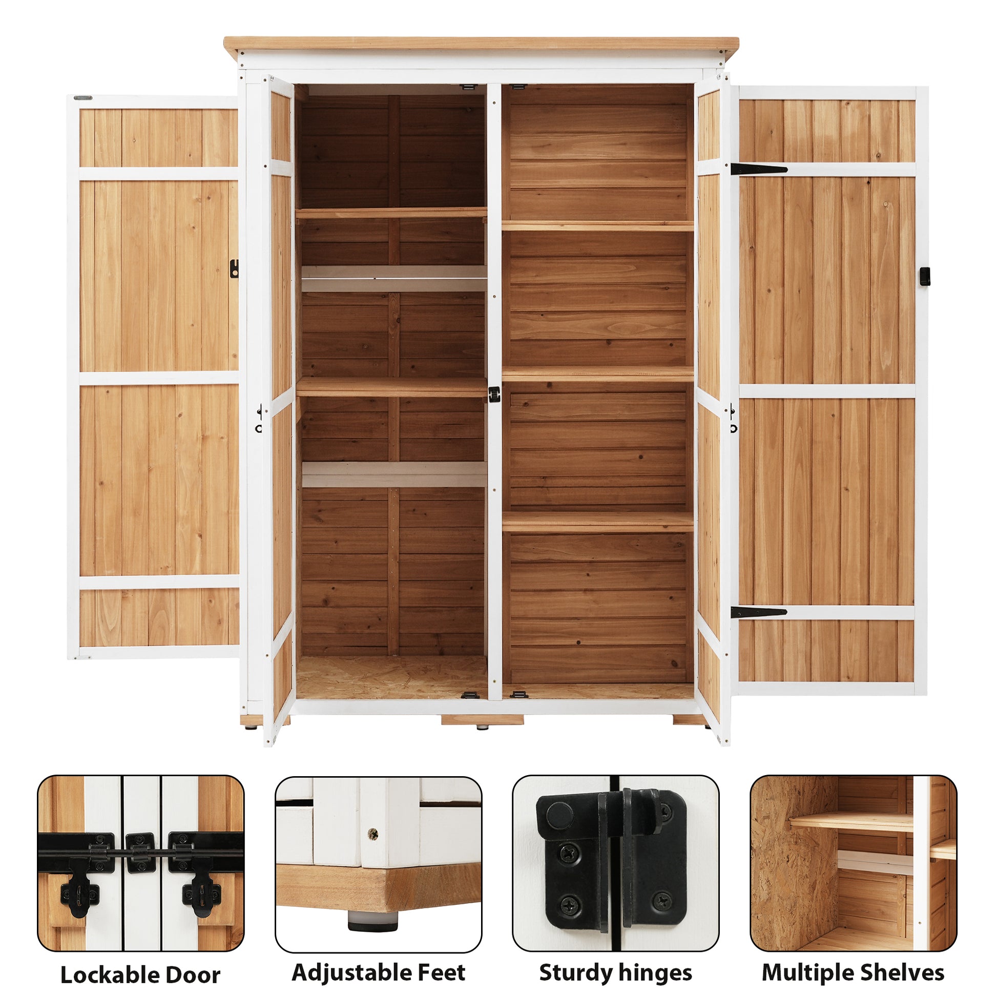 Outdoor 5.5Ft Hx4.1Ft L Wood Storage Shed, Garden Tool Cabinet With Waterproof Asphalt Roof, Four Lockable Doors, Multiple Tier Shelves, Natural Natural Water Resistant Frame Garden & Outdoor Rustic Wood