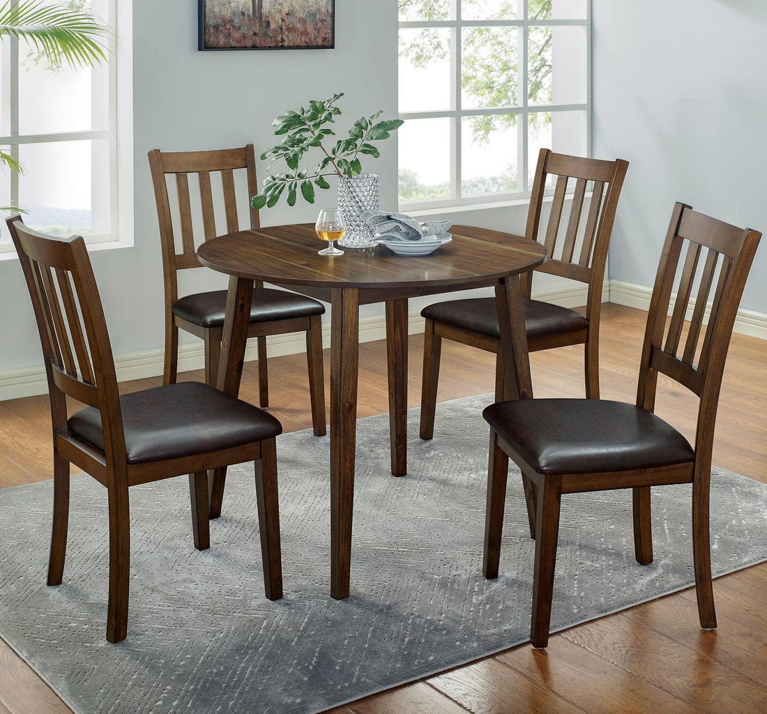 Kitchen 5Pc Dining Set Round Dining Table And 4X Side Chairs Walnut, Dark Brown Transitional Solid Wood Dining Room Furniturepadded Seat Wood Walnut Brown Slat Back Seats 4 Wood Dining Room Solid