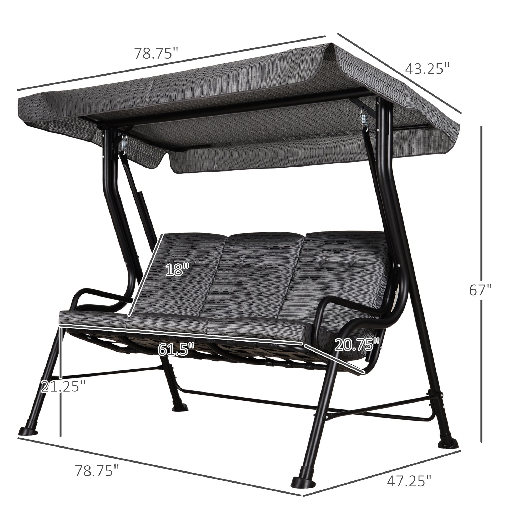 Outsunny 3 Seat Patio Swing Chair, Outdoor Swing Glider With Adjustable Canopy, Removable Thicken Cushion, And Weather Resistant Steel Frame, For Garden, Poolside, Backyard, Black Black Steel