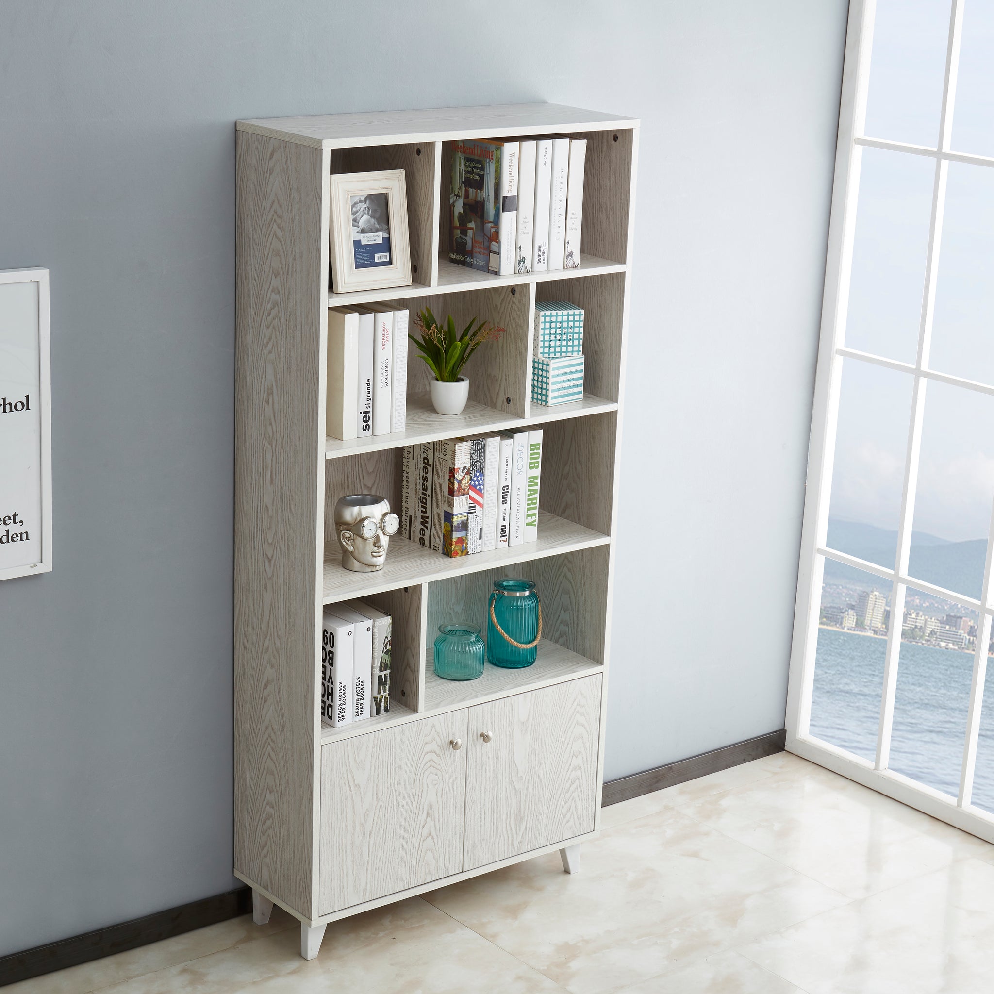 Bookcase, Bookshelf With Doors, White White Closed Back Wood With Doors Mdf