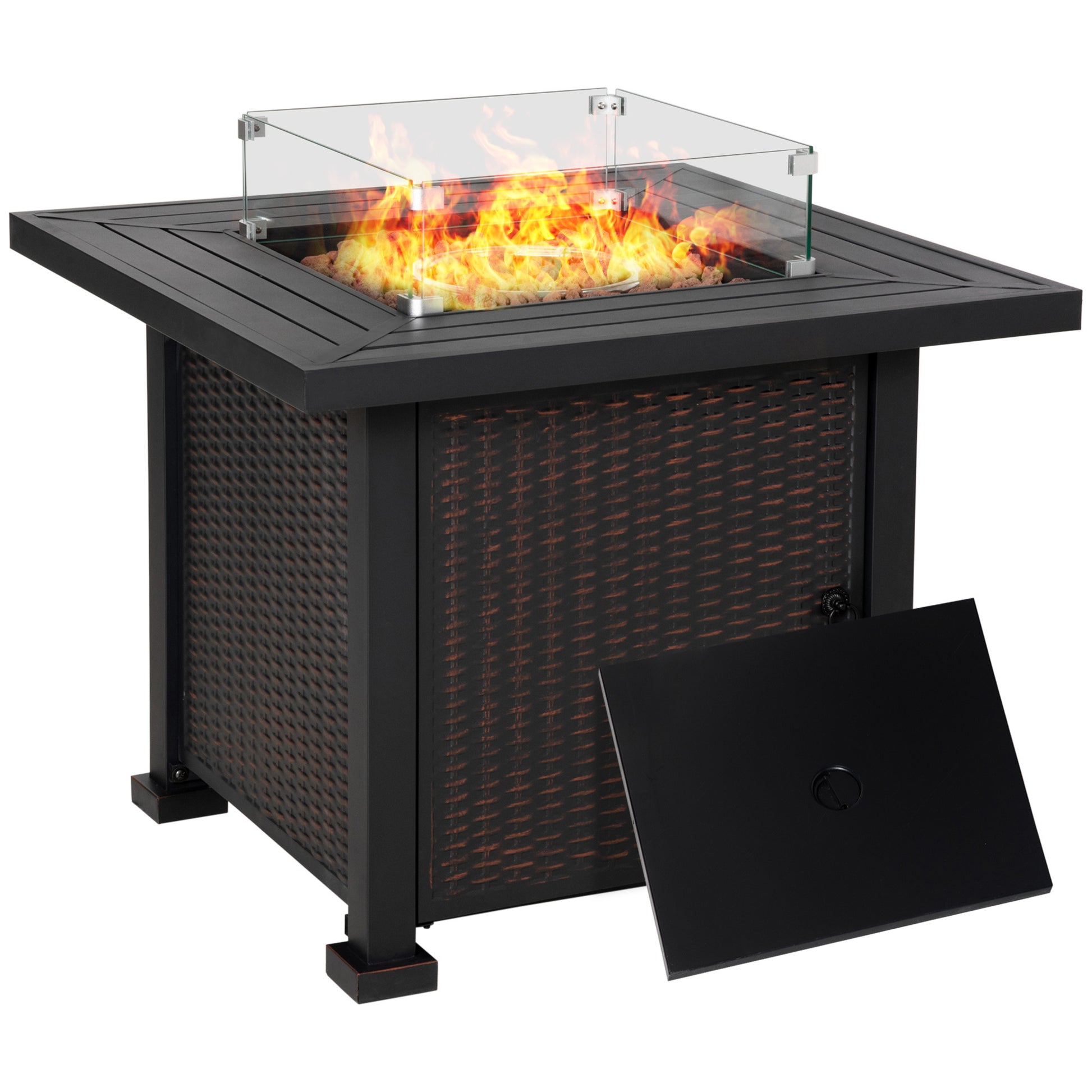 Outsunny 34 Inch Outdoor Propane Gas Fire Pit Table, 50,000 Btu Auto Ignition Square Wicker Effect Gas Firepit With Glass Wind Guard, Lid, Lava Rocks, Steel Base, Csa Certification, Black Black Steel