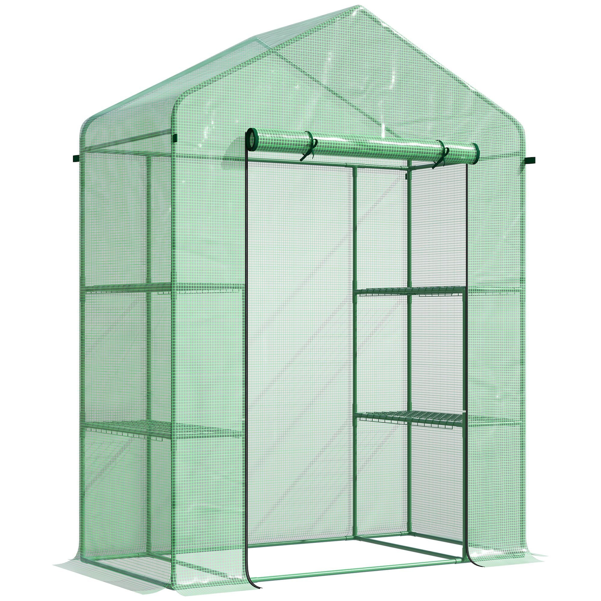 Outsunny 5' X 2.5' X 6.5' Mini Walk In Greenhouse Kit, Portable Green House With 3 Tier Shleves, Roll Up Door, And Weatherized Pe Cover For Backyard Garden, Green Green Steel