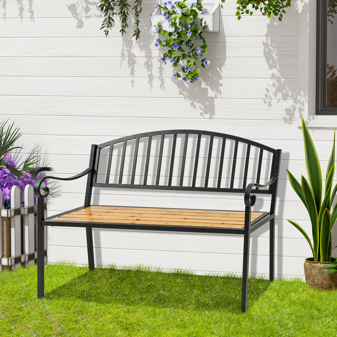 Outsunny 50" Garden Bench, Patio Loveseat With Antique Backrest, Wood Seat And Steel Frame For Backyard Or Porch Natural Steel