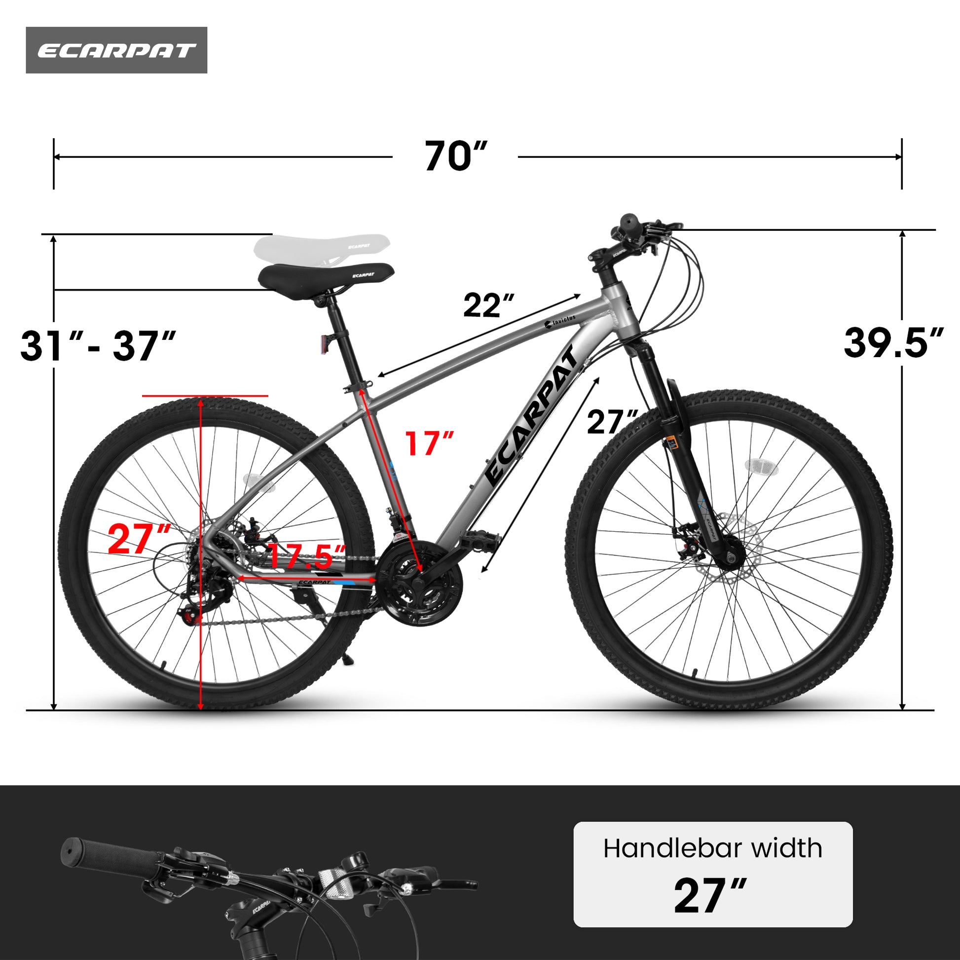 A2757 27 Inch Mountain Bike 21 Speeds, Suspension Fork, Aluminum Frame Disc Brake For Unisex Mountain Bikes Cycling Grey Without Anti Slip Garden & Outdoor American Design Multifunctional Aluminium