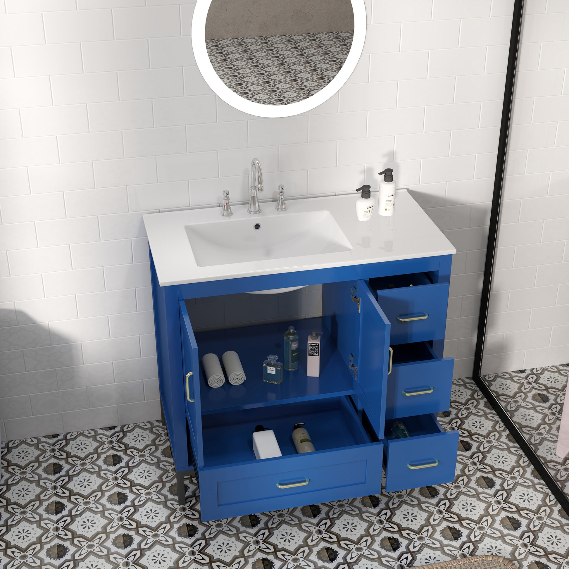 Bathroom Vanity Blue Solid Wood Mdf