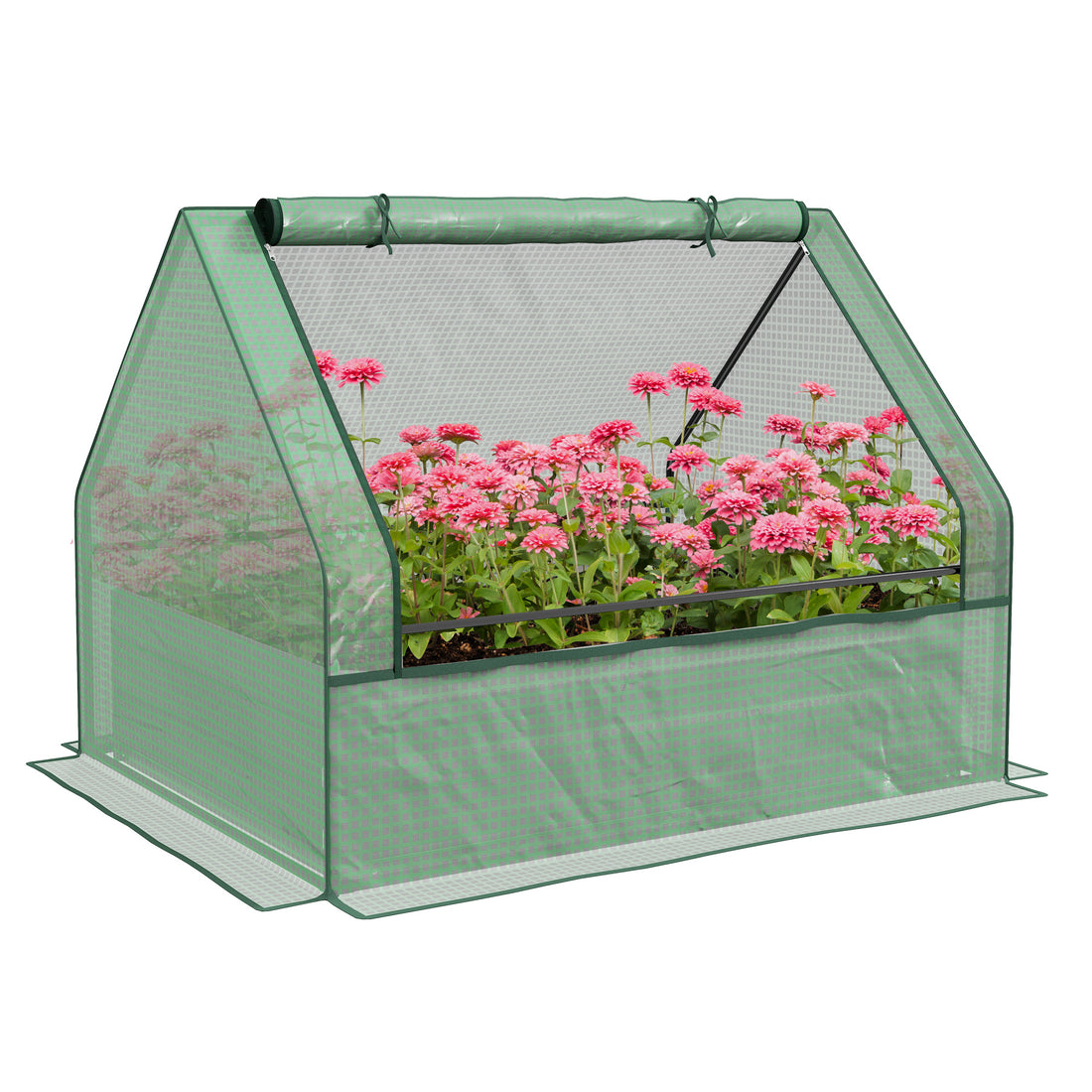 Outsunny Raised Garden Bed With Mini Greenhouse, Galvanized Outdoor Planter Box With Cover, For Herbs And Vegetables, Use For Patio, Garden, Balcony, Green Cover And Silver Planter Green Steel
