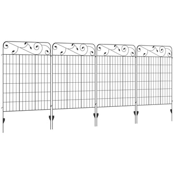 Outsunny Garden Fence, 4 Pack Steel Fence Panels, 11.5' L X 43" H, Rust Resistant Animal Barrier Decorative Border Flower Edging For Yard, Landscape, Patio, Outdoor Decor, Square Vines Black Steel
