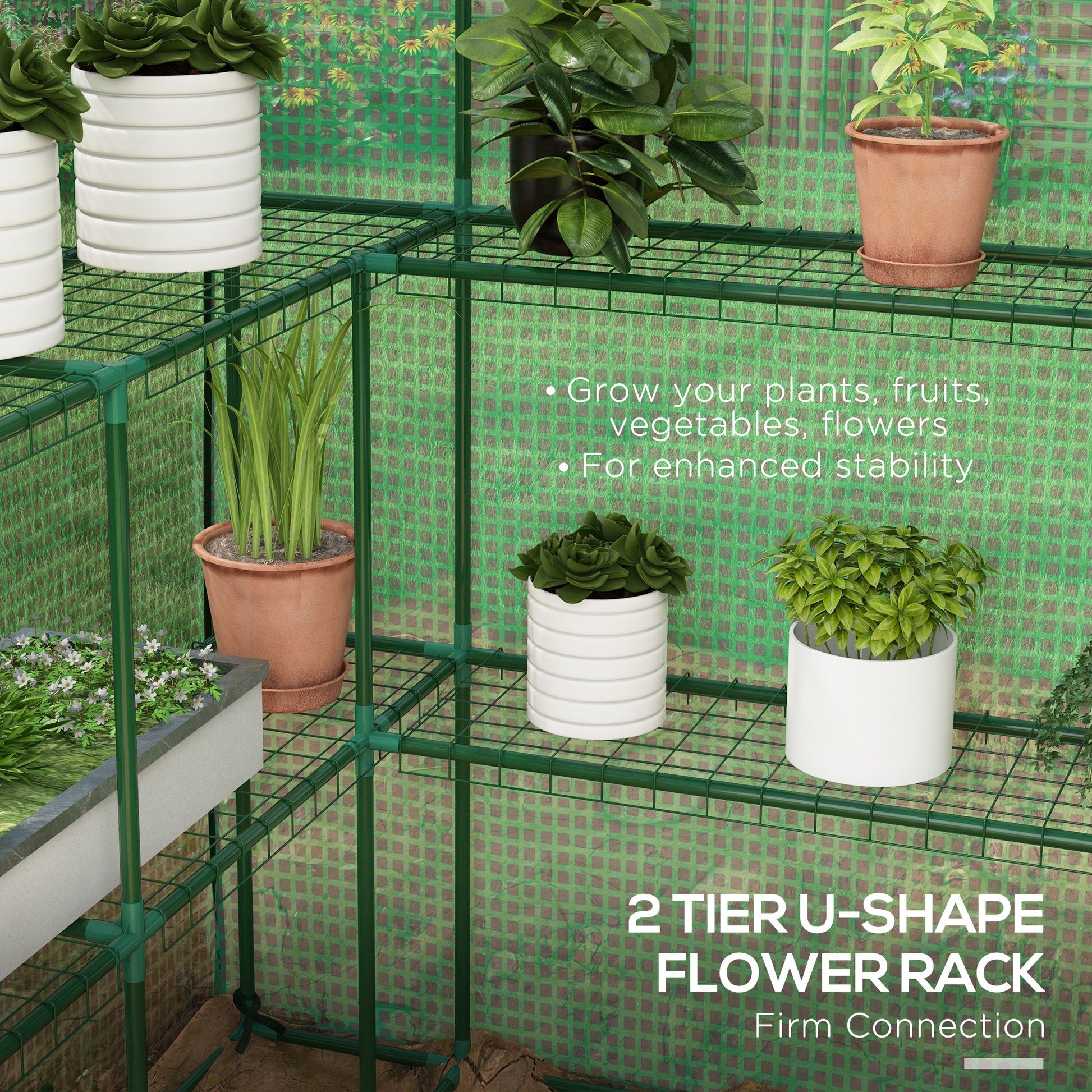 Outsunny 4.6' X 4.7' Portable Greenhouse, Water Uv Resistant Walk In Small Outdoor Greenhouse With 2 Tier U Shaped Flower Rack Shelves, Roll Up Door & Windows, Green Green Steel