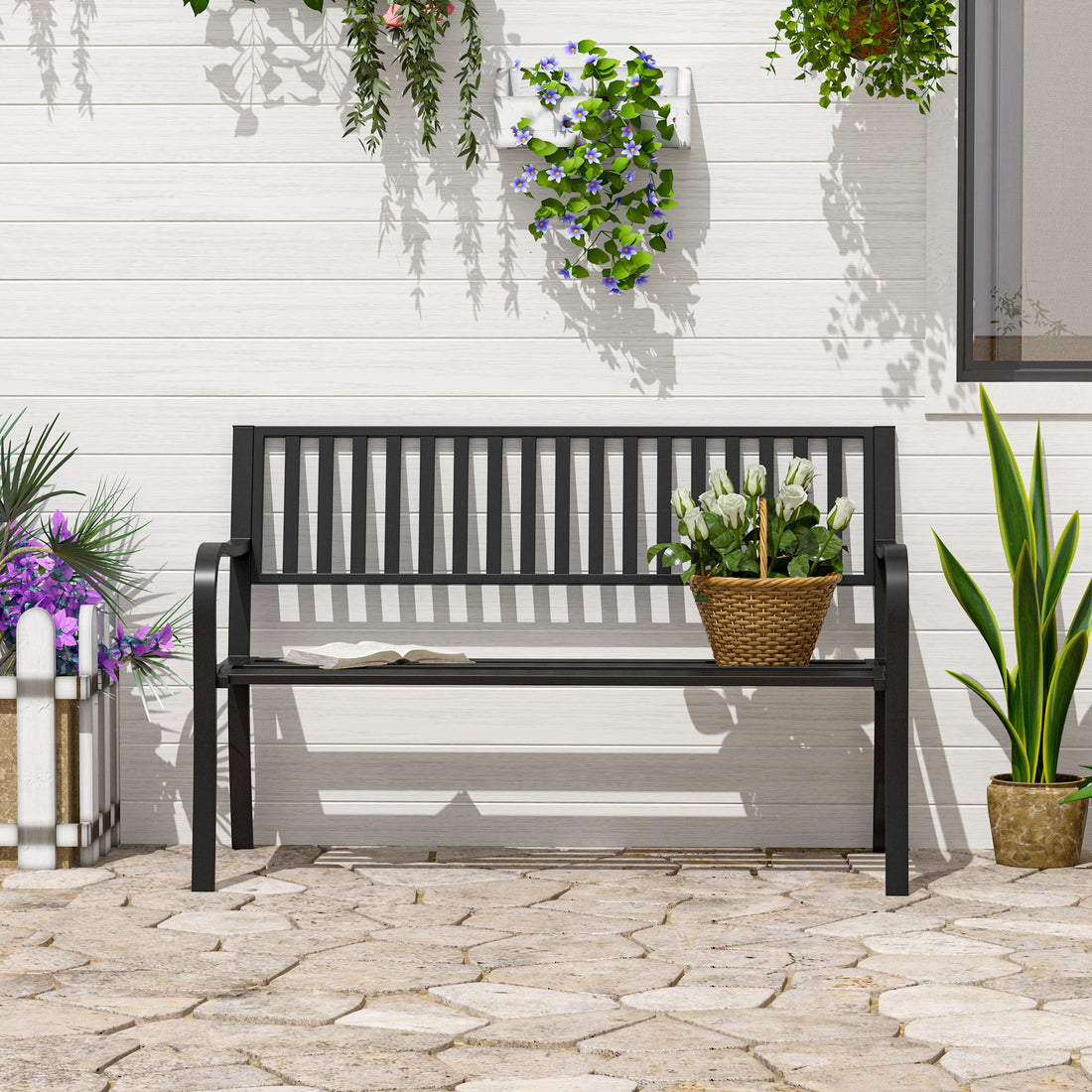 Outsunny 50" Outdoor Garden Bench, Patio Bench With Slatted Seat, Metal Porch Bench For Backyard, Poolside, Lawn, Black Black Steel