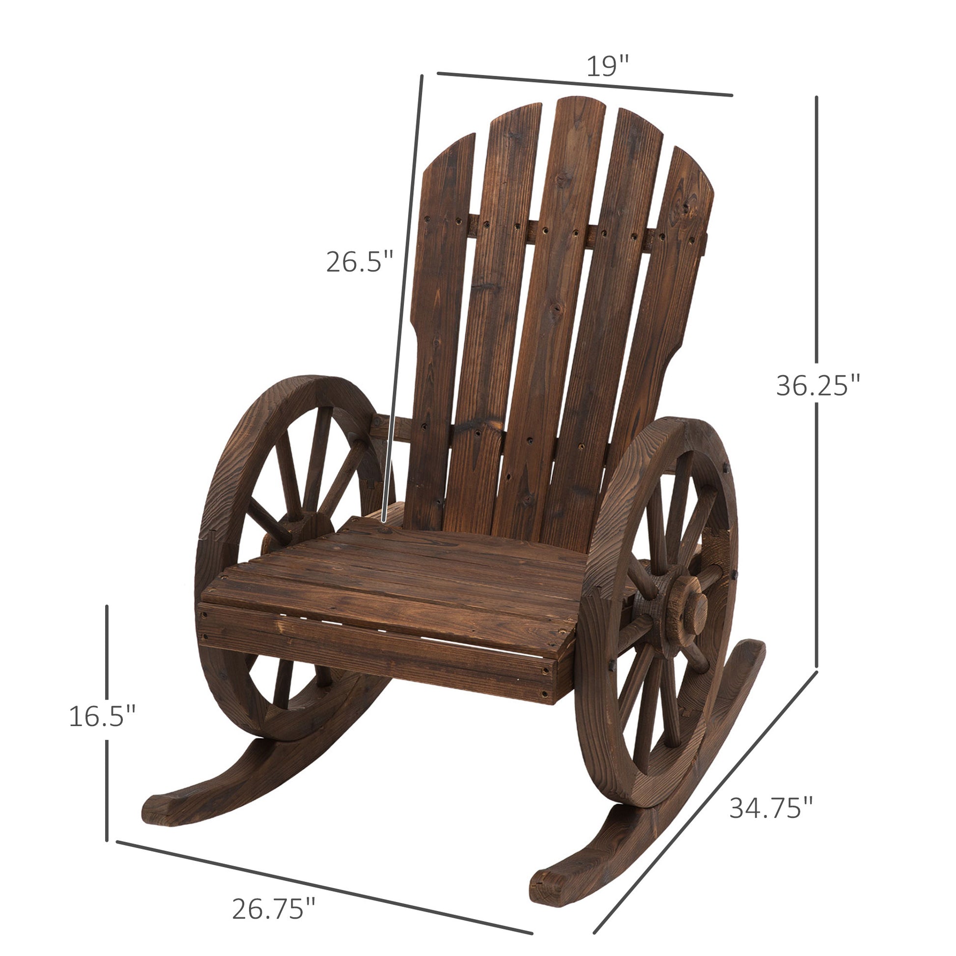 Outsunny Wooden Rocking Chair, Adirondack Rocker Chair W Slatted Design And Oversized Back, Outdoor Rocking Chair With Wagon Wheel Armrest For Porch, Poolside, And Garden, Carbonized Brown Wood