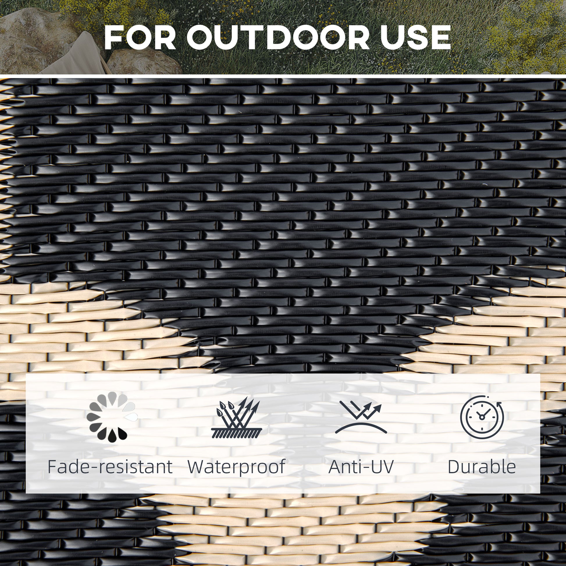 Outsunny Reversible Outdoor Rug, 9' X 18' Waterproof Plastic Straw Floor Mat, Portable Rv Camping Carpet, Large Floor Mat For Backyard, Deck, Picnic, Beach, Black & Beige Black Plastic