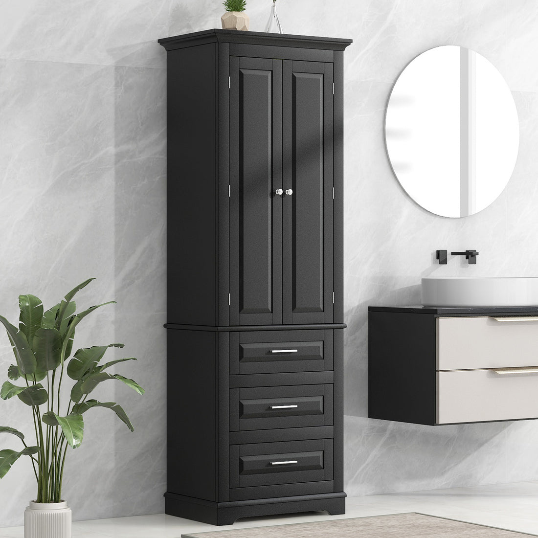 Tall Storage Cabinet With Three Drawers For Bathroom Office, Black Black Mdf