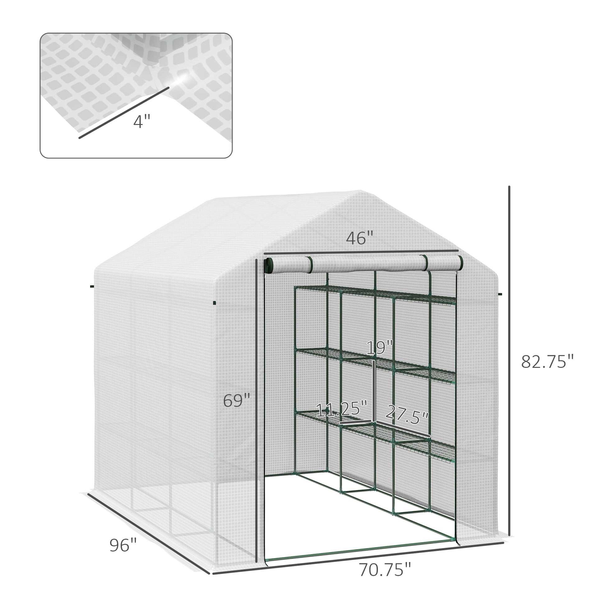 Outsunny Walk In Greenhouse For Outdoors With Roll Up Zipper Door, 18 Shelves, Pe Cover, Small And Portable Green House, Heavy Duty Humidity Seal, 95.25" X 70.75" X 82.75", White White Steel