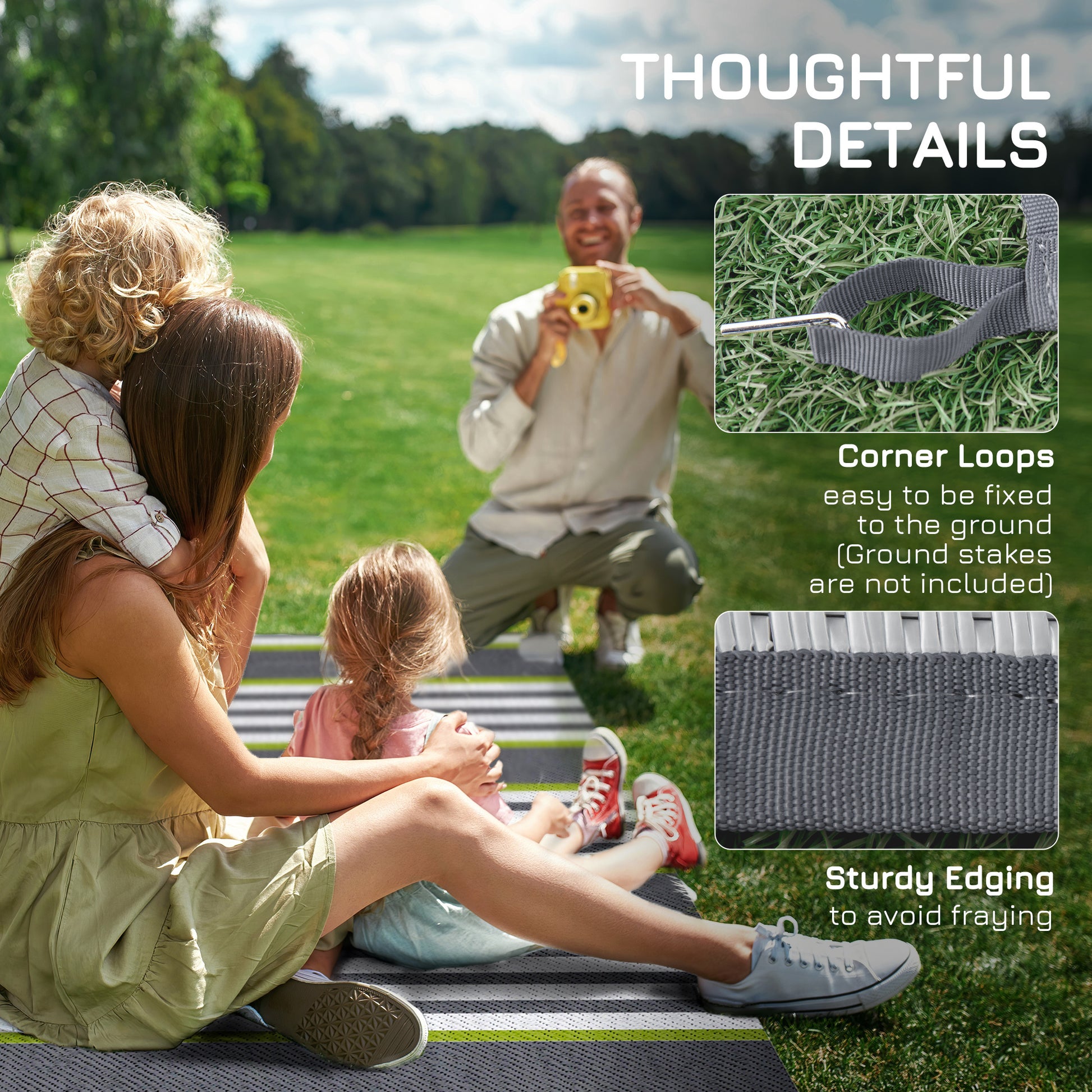 Outsunny Reversible Outdoor Rug Carpet, 9' X 12' Waterproof Plastic Straw Rug, Portable Rv Camping Rugs With Carry Bag, Large Floor Mat For Backyard, Deck, Picnic, Beach, Green & Gray Striped Green Polypropylene