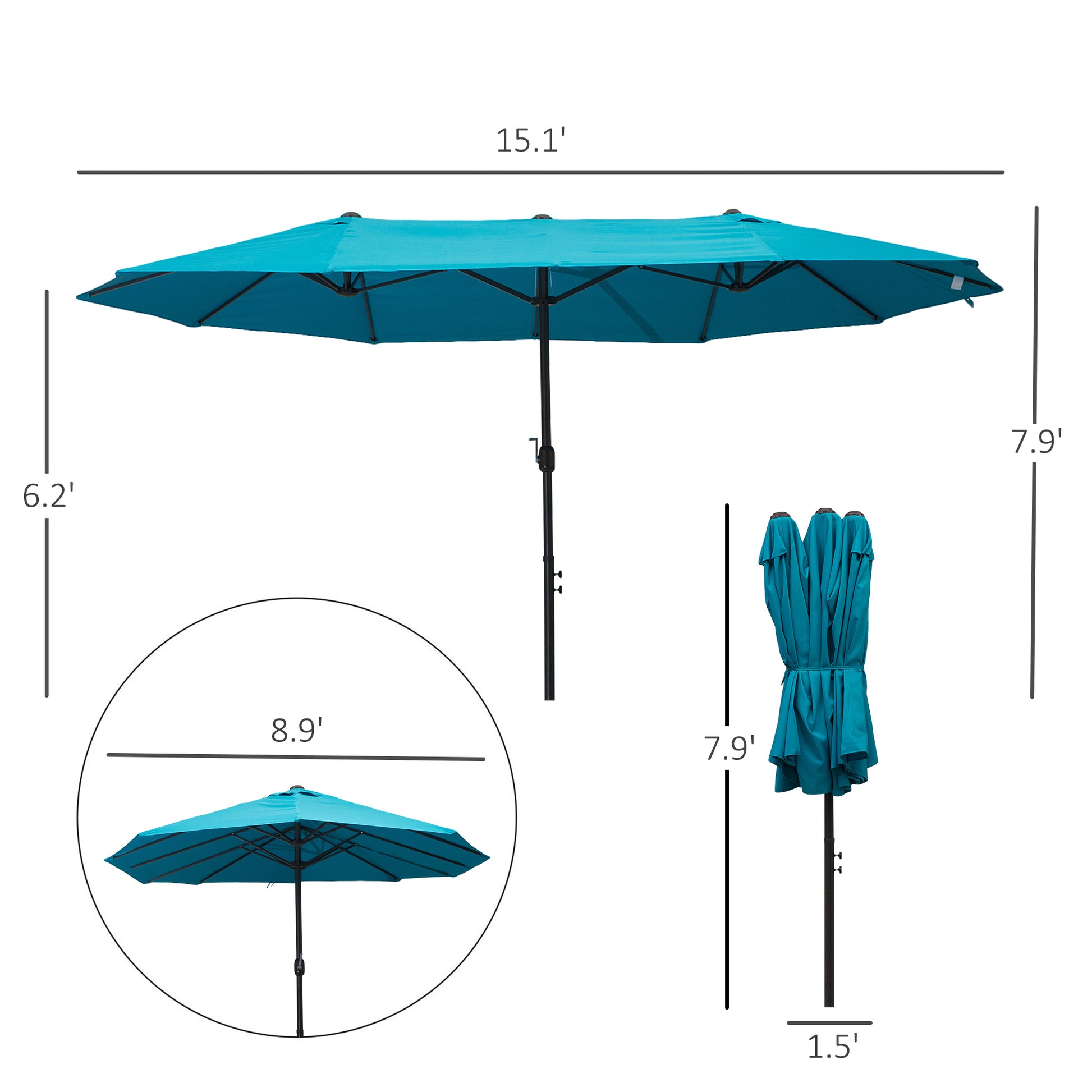 Outsunny Extra Large 15Ft Patio Umbrella, Double Sided Outdoor Umbrella With Crank Handle And Air Vents For Backyard, Deck, Pool, Market, Blue Blue Steel