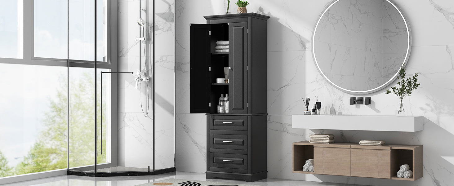 Tall Storage Cabinet With Three Drawers For Bathroom Office, Black Black Mdf