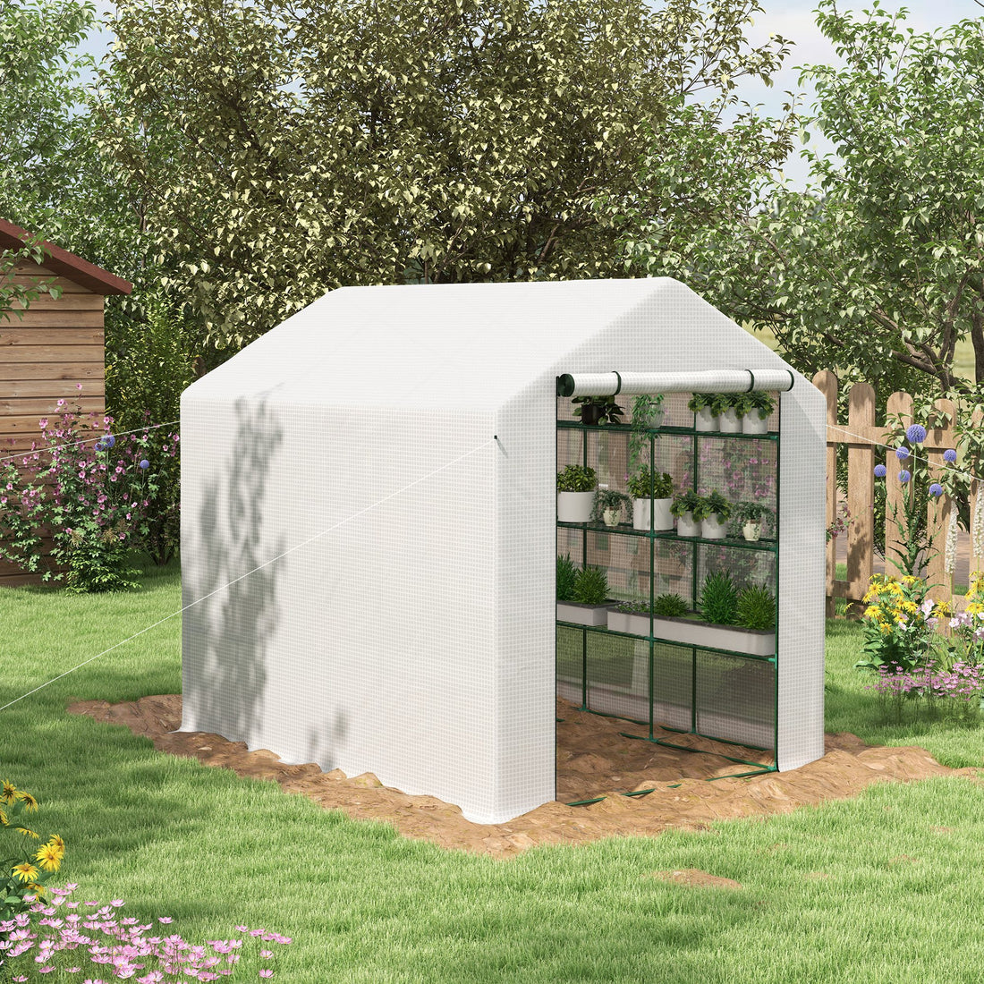 Outsunny Walk In Greenhouse For Outdoors With Roll Up Zipper Door, 18 Shelves, Pe Cover, Small And Portable Green House, Heavy Duty Humidity Seal, 95.25" X 70.75" X 82.75", White White Steel