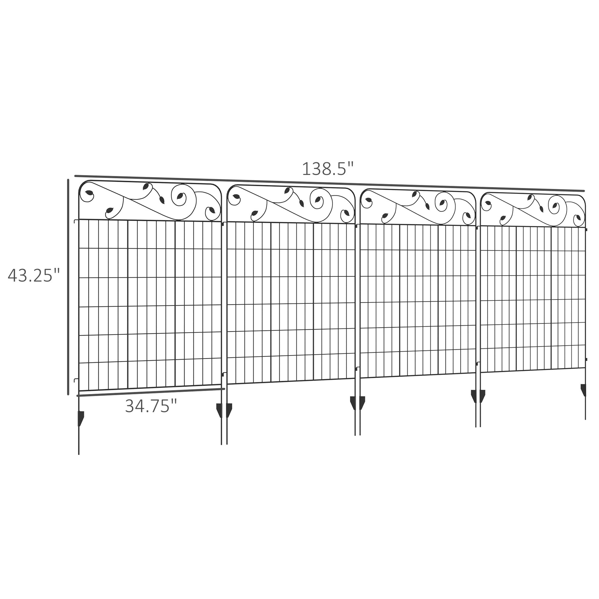 Outsunny Garden Fence, 4 Pack Steel Fence Panels, 11.5' L X 43" H, Rust Resistant Animal Barrier Decorative Border Flower Edging For Yard, Landscape, Patio, Outdoor Decor, Square Vines Black Steel