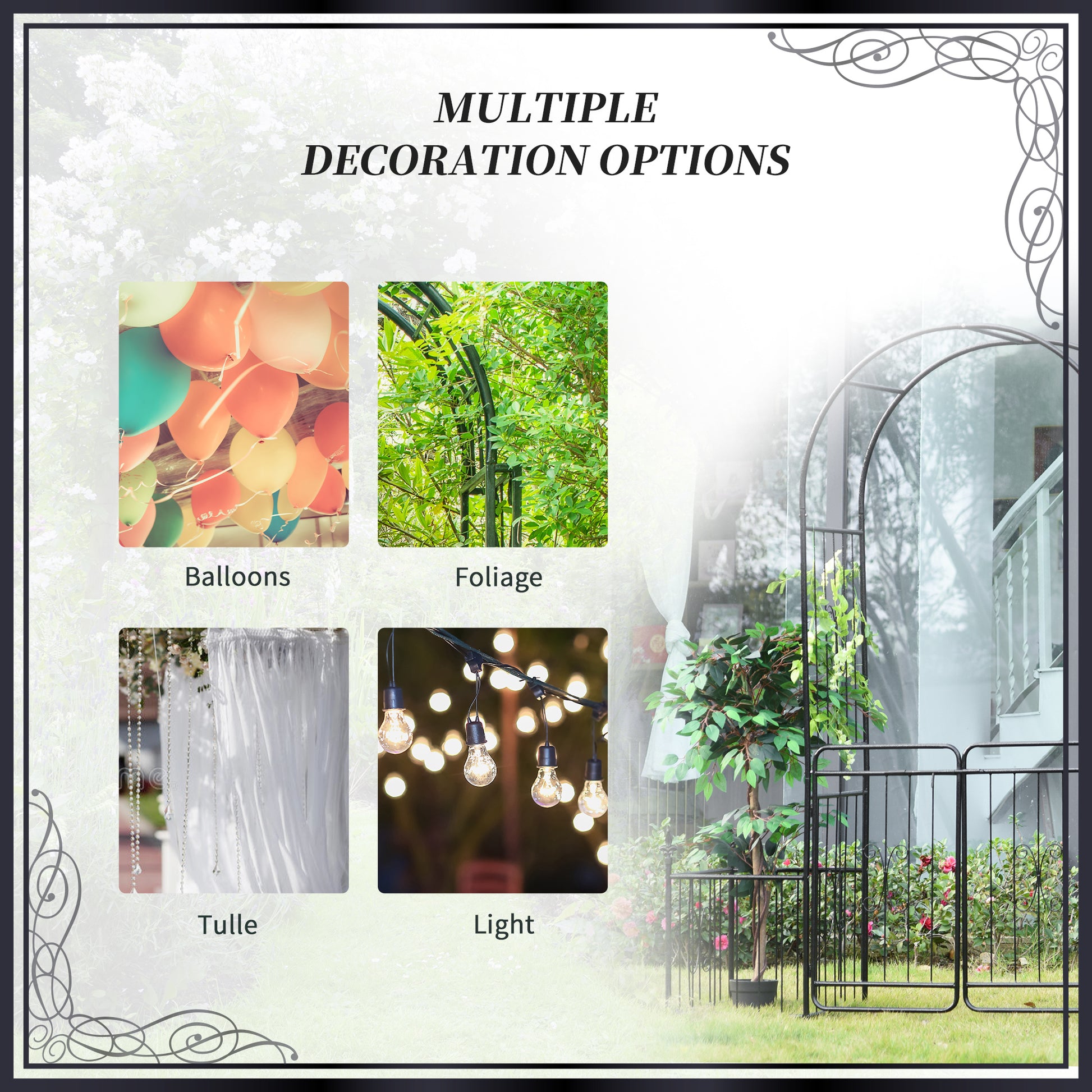 Outsunny 86" Garden Arbor Arch Gate With Trellis Sides For Climbing Plants, Wedding Ceremony Decorations, Grape Vines With Locking Doors, Planter Baskets, Flourishes & Arrow Tips, Black Black Metal