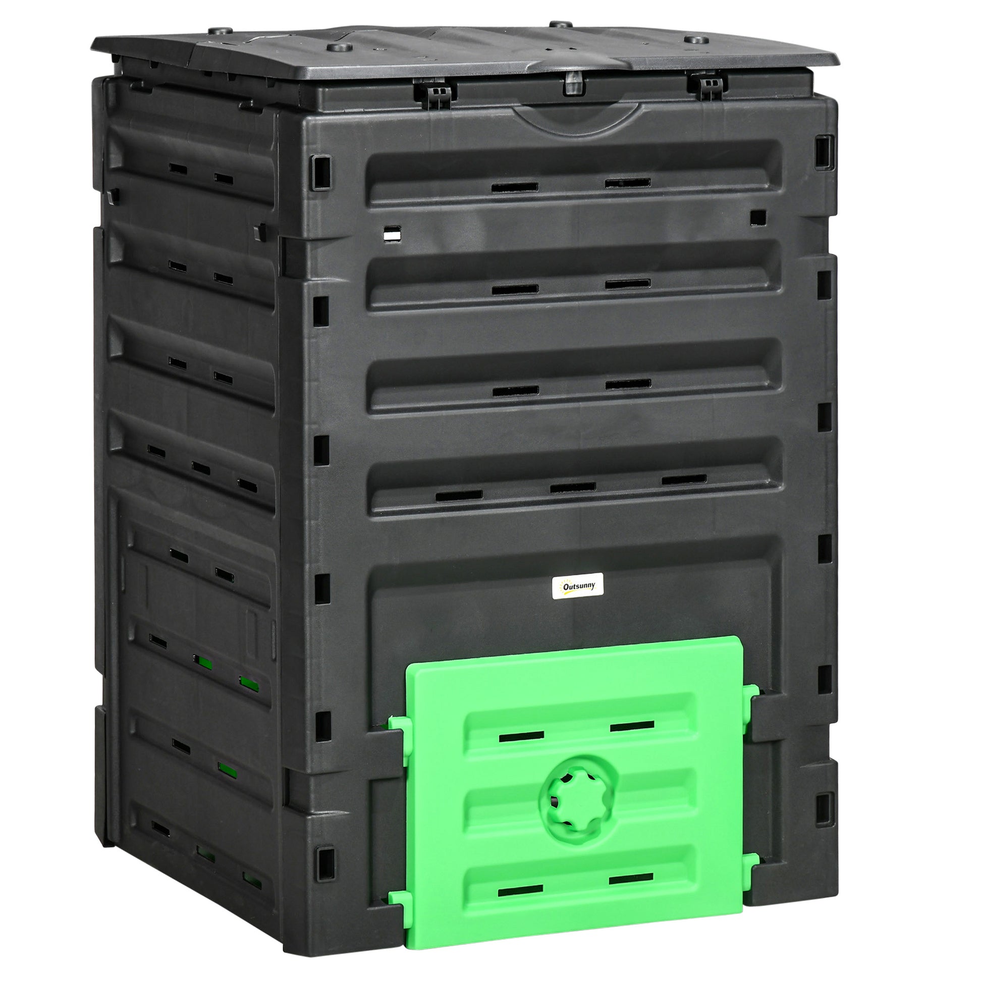 Outsunny Garden Compost Bin, 120 Gallon 450L Garden Composter, Bpa Free, With 80 Vents And 2 Sliding Doors, Lightweight & Sturdy, Fast Creation Of Fertile Soil, Black Black Polypropylene