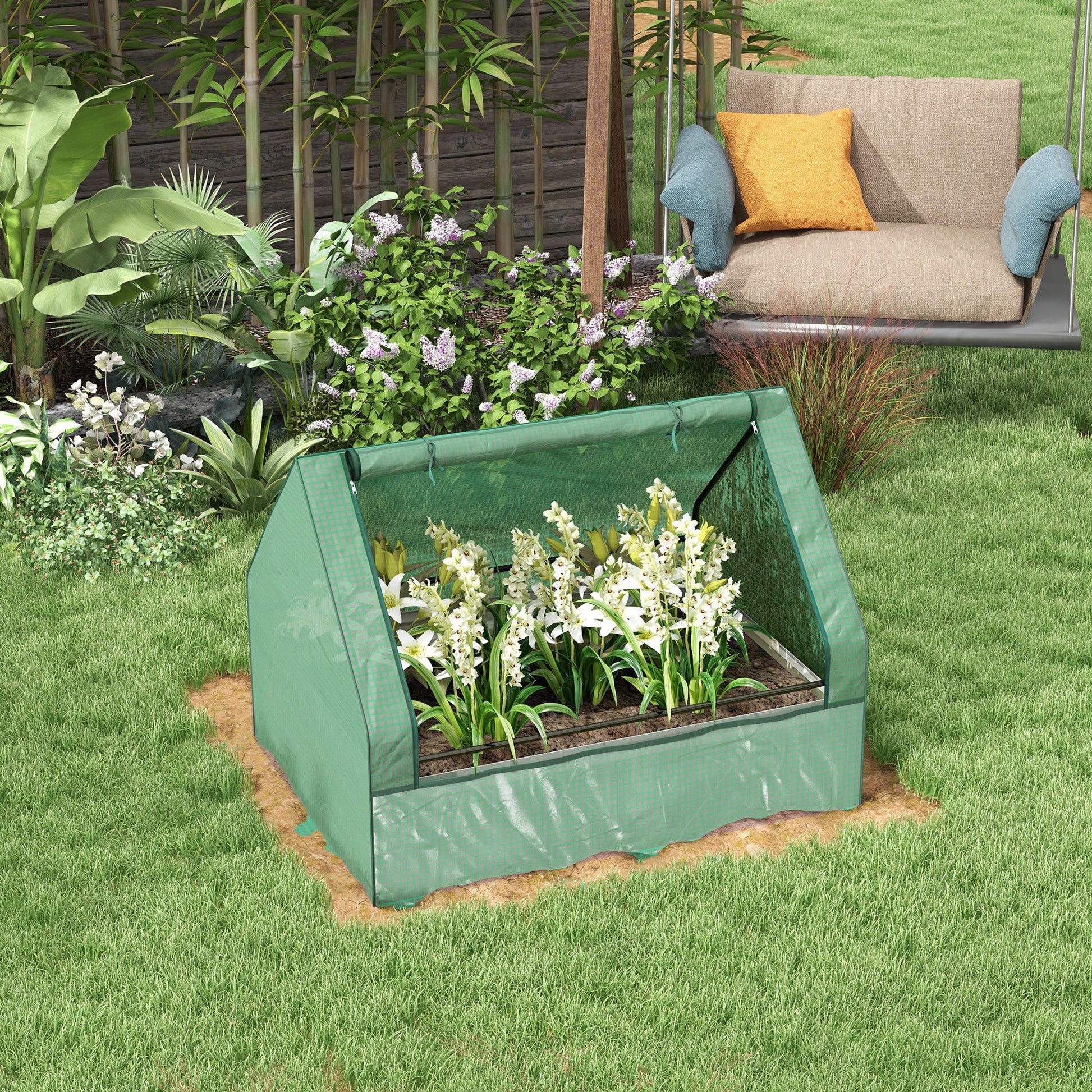 Outsunny Raised Garden Bed With Mini Greenhouse, Galvanized Outdoor Planter Box With Cover, For Herbs And Vegetables, Use For Patio, Garden, Balcony, Green Cover And Silver Planter Green Steel