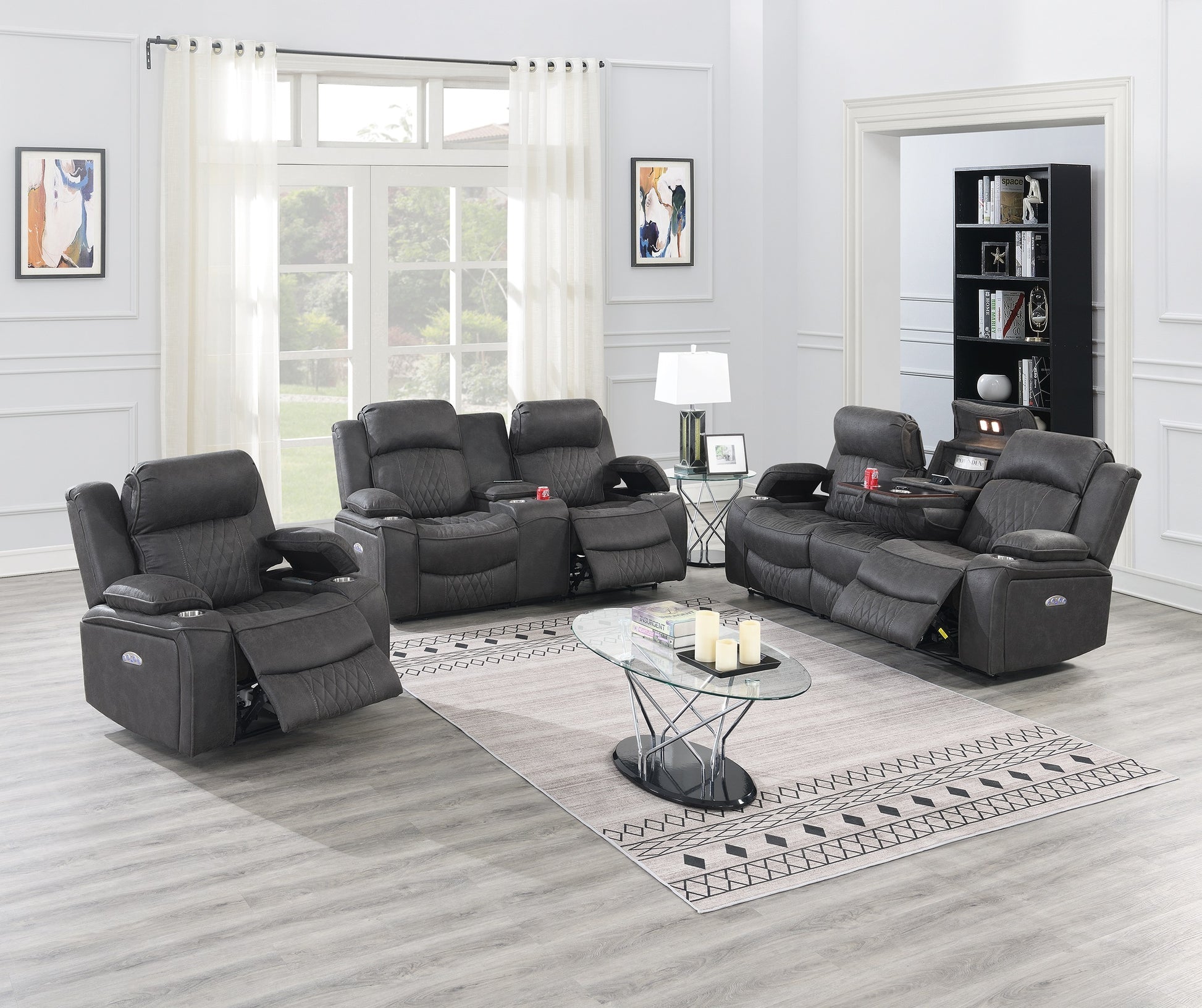 Power Motion Loveseat 1Pc Contemporary Charcoal Gelstorage Arms W Cup Holder Living Room Furniture Charcoal Faux Leather Primary Living Space Cushion Back Contemporary,Modern Pillow Top Arms Metal & Wood 2 Seat