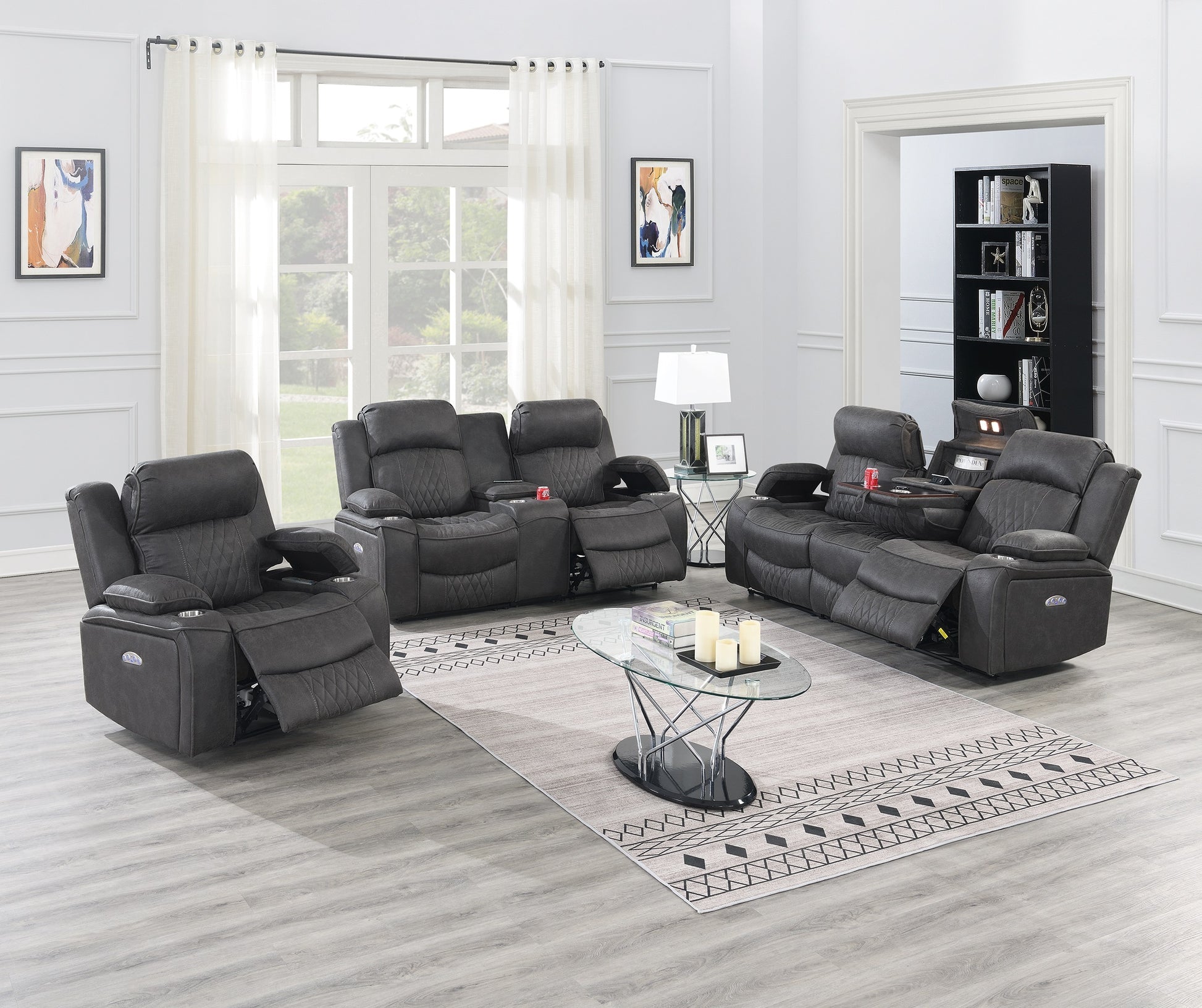 Power Motion Sofa 1Pc Contemporary Charcoal Color Gelstorage Arms W Cup Holder Living Room Furniture Charcoal Faux Leather Primary Living Space Cushion Back Contemporary,Modern Pillow Top Arms Metal & Wood 3 Seat