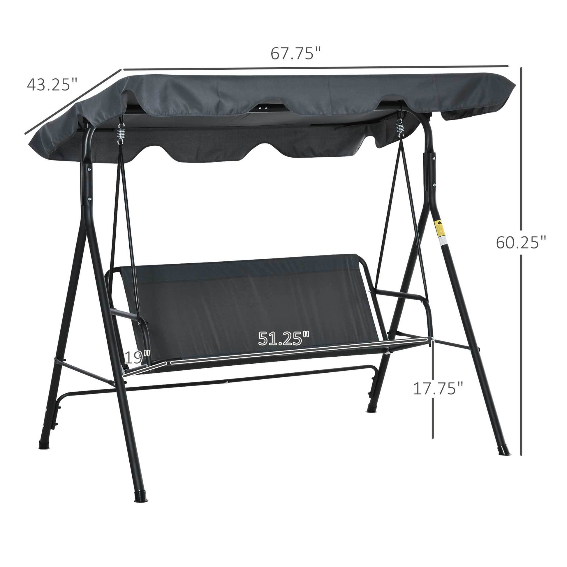 Outsunny 3 Person Porch Swing With Stand, Outdoor Swing For Patio Porch With Adjustable Tilt Canopy & Comfortable Swing Bench Style Seat, Steel Frame, Grey Gray Steel