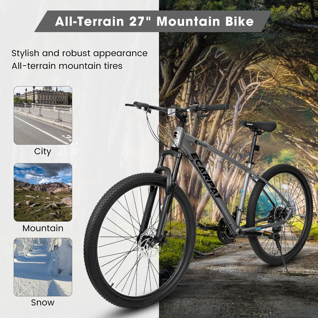 A2757 27 Inch Mountain Bike 21 Speeds, Suspension Fork, Aluminum Frame Disc Brake For Unisex Mountain Bikes Cycling Grey Without Anti Slip Garden & Outdoor American Design Multifunctional Aluminium