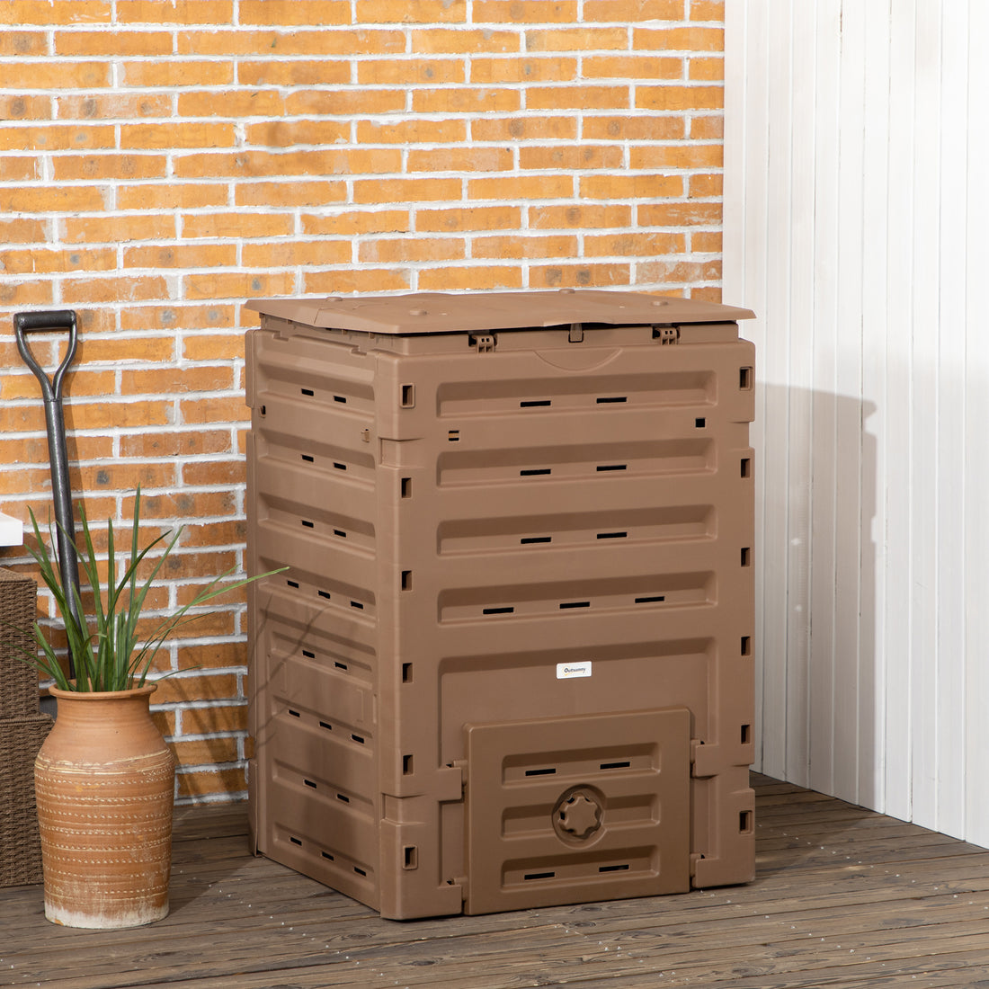 Outsunny Garden Compost Bin, 120 Gallon 450L Garden Composter, Bpa Free, With 80 Vents And 2 Sliding Doors, Lightweight & Sturdy, Fast Creation Of Fertile Soil, Brown Brown Polypropylene