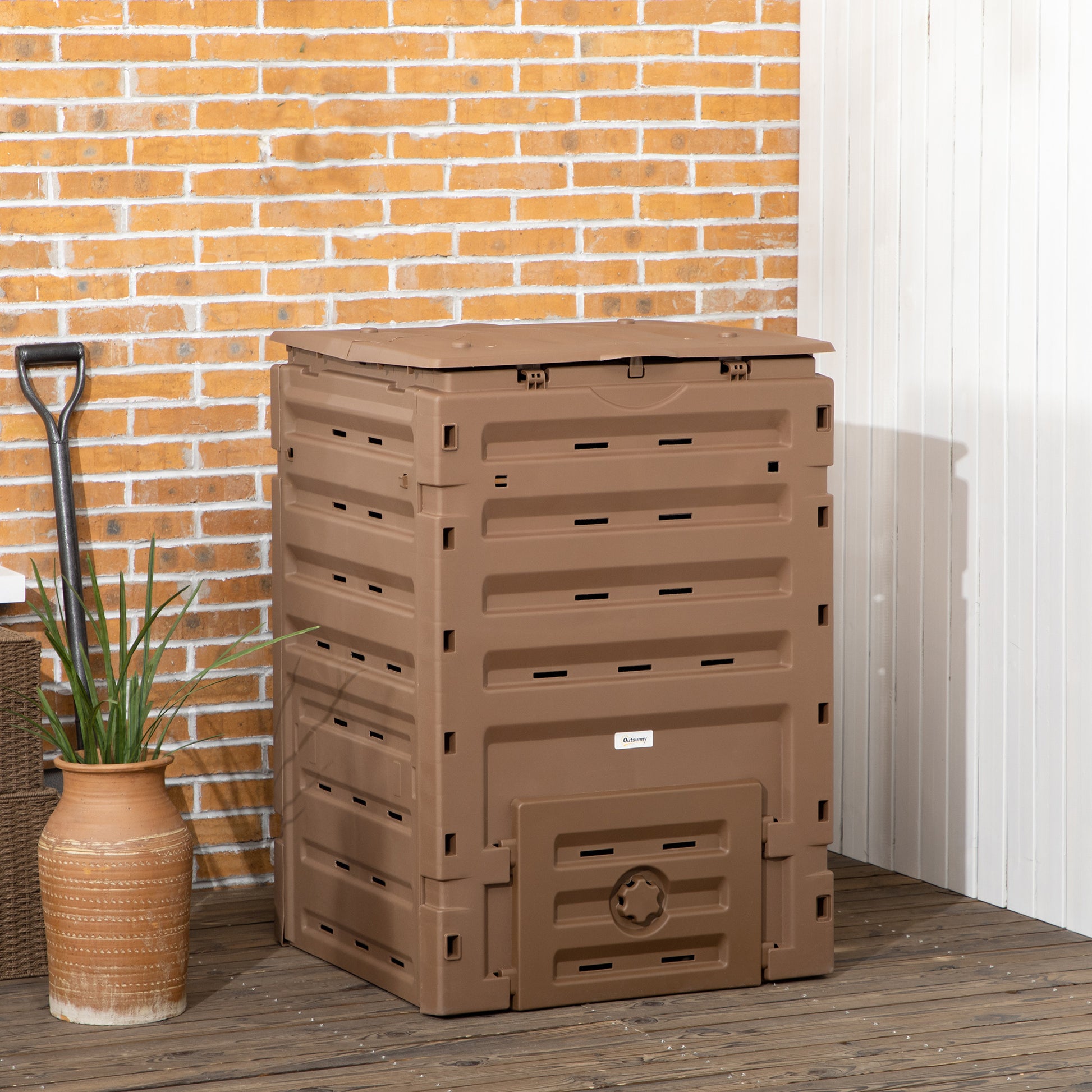 Outsunny Garden Compost Bin, 120 Gallon 450L Garden Composter, Bpa Free, With 80 Vents And 2 Sliding Doors, Lightweight & Sturdy, Fast Creation Of Fertile Soil, Brown Brown Polypropylene