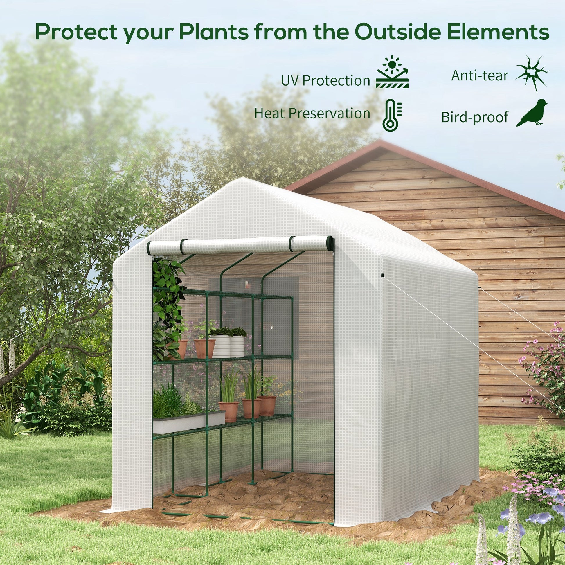 Outsunny Walk In Greenhouse For Outdoors With Roll Up Zipper Door, 18 Shelves, Pe Cover, Small And Portable Green House, Heavy Duty Humidity Seal, 95.25" X 70.75" X 82.75", White White Steel